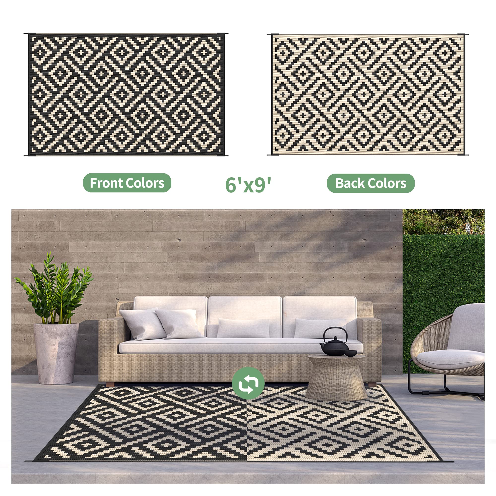 GENIMO outdoor rug with non-slip backing drains rainwater for stability outdoors.