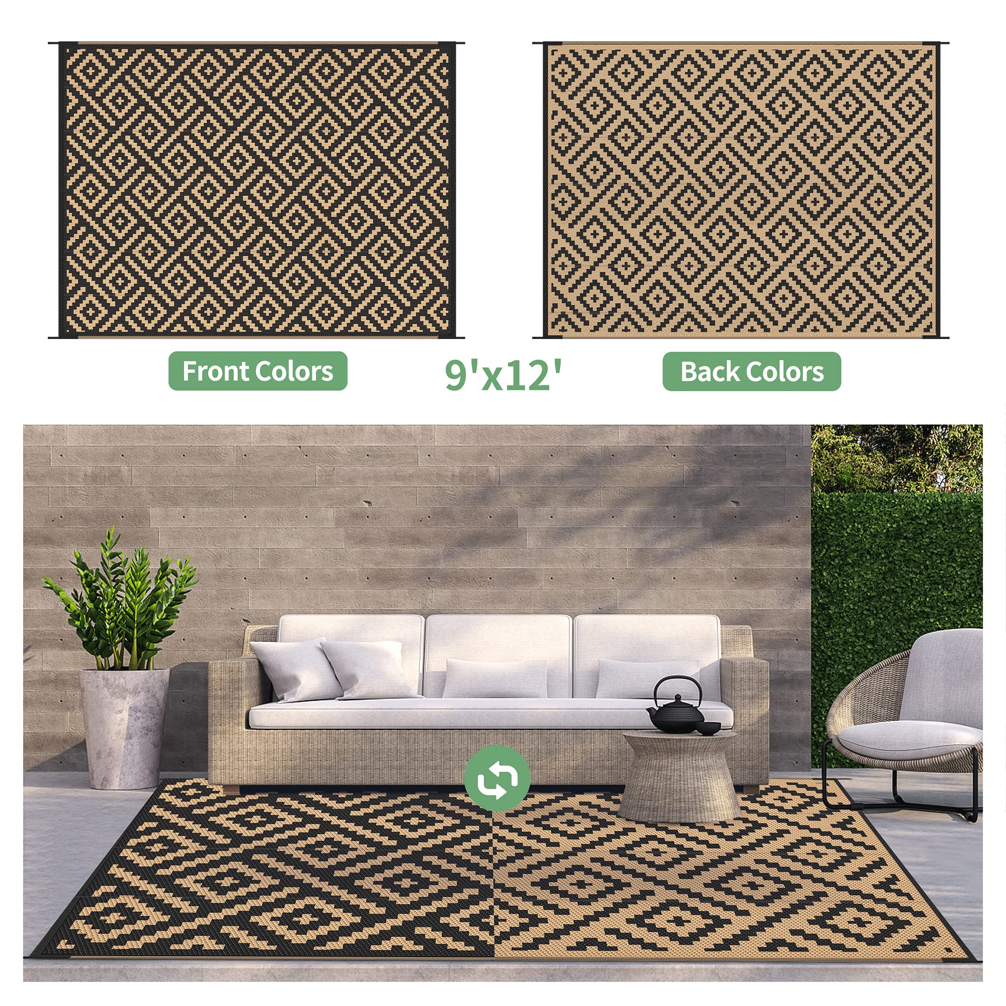 GENIMO rug with non-slip grid backing stabilizing on wooden deck