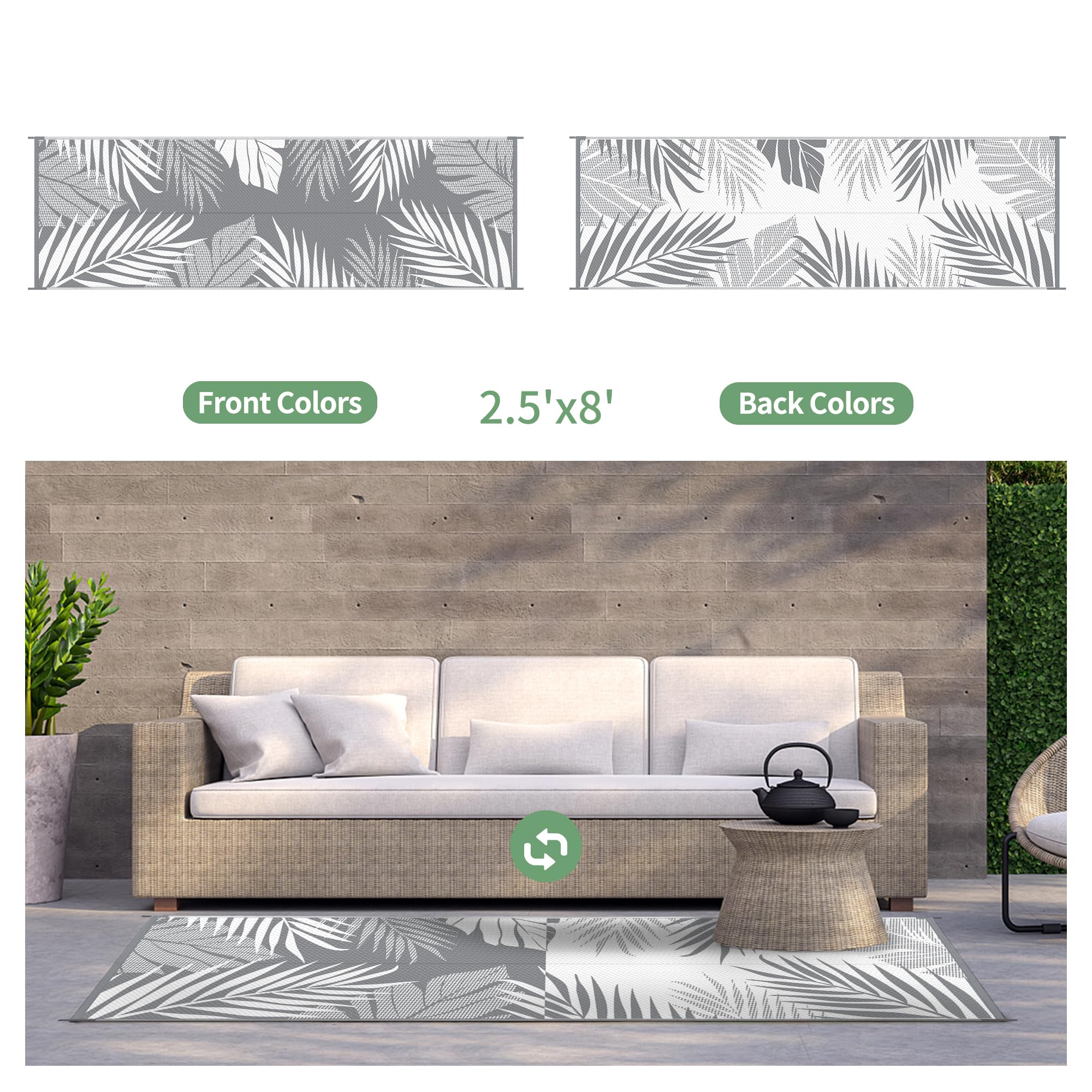 GENIMO outdoor rug palm leaf back design, versatile reverse option for quick decor refresh.