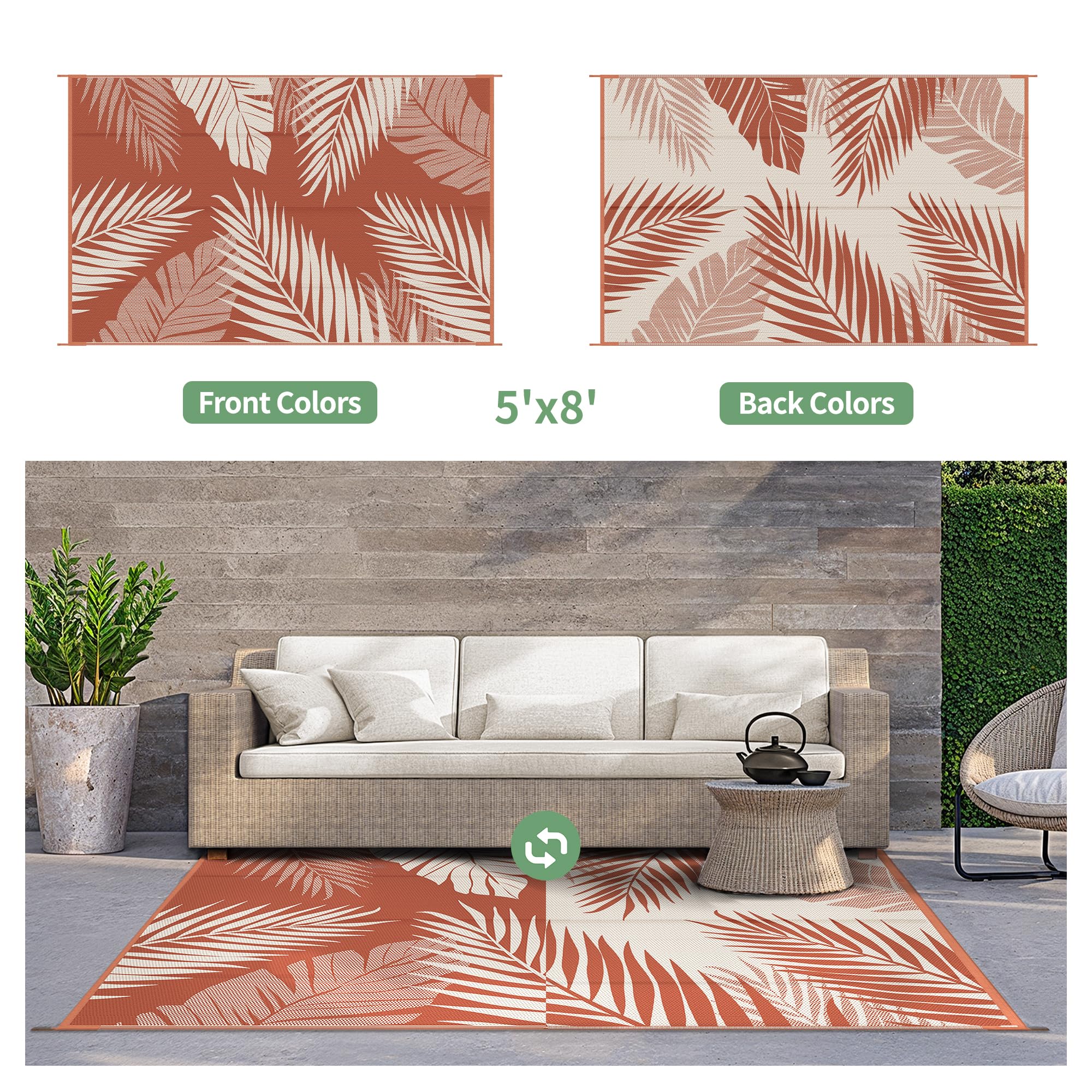 GENIMO palm leaf pattern rug adds tropical touch to yard or deck.