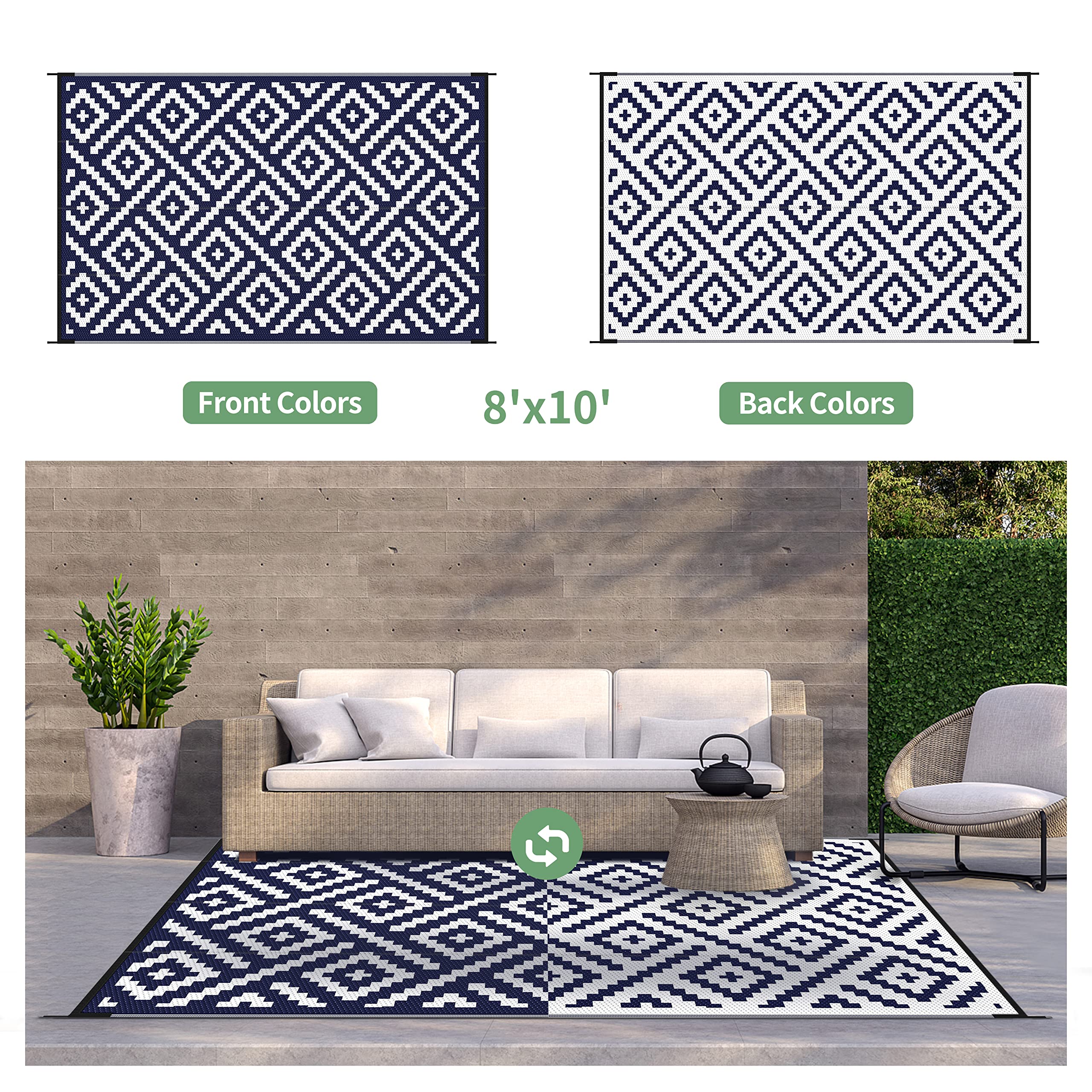GENIMO outdoor rug on a patio setup, demonstrating sturdy outdoor living and easy maintenance.