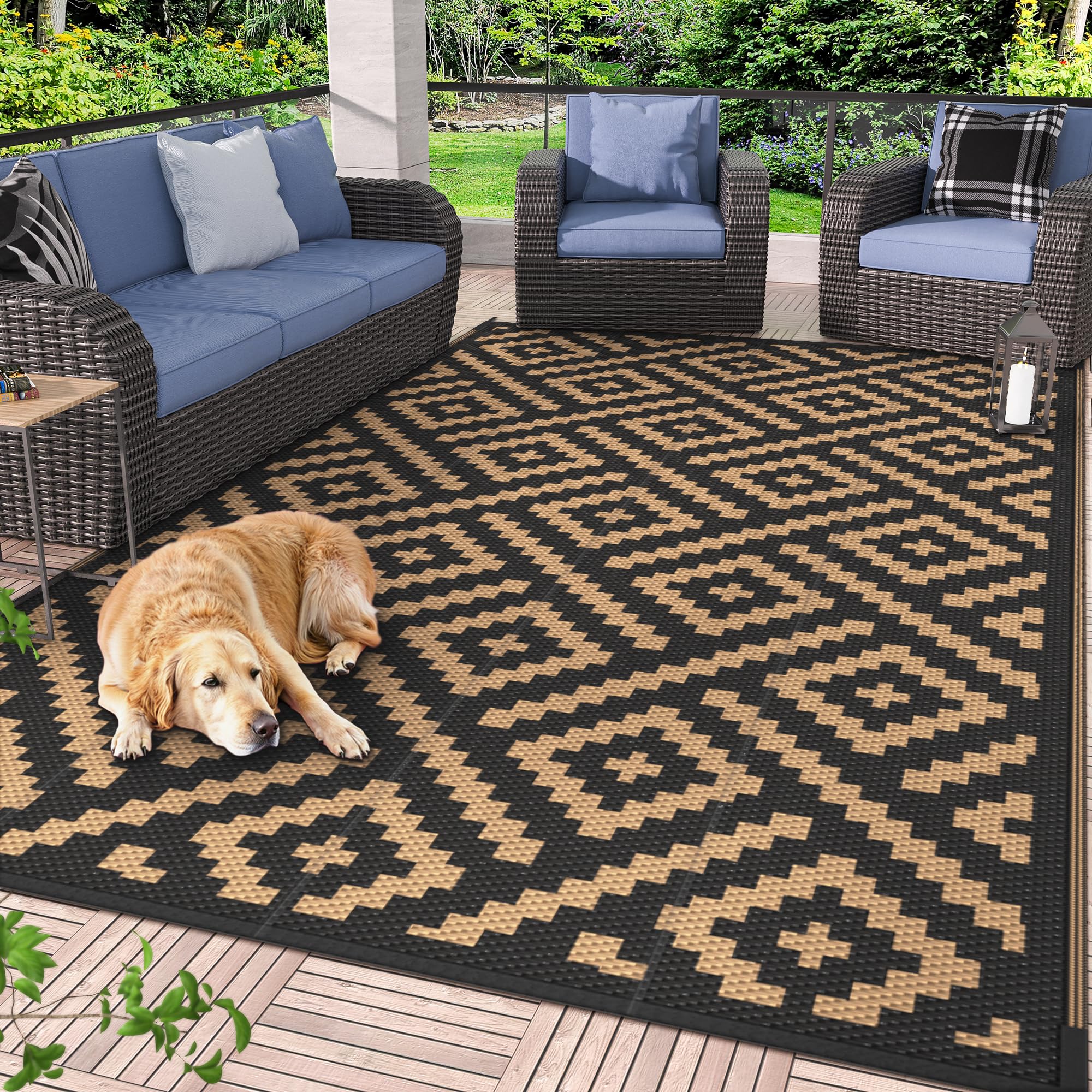 GENIMO outdoor rug on patio shows reversible design for extended lifespan
