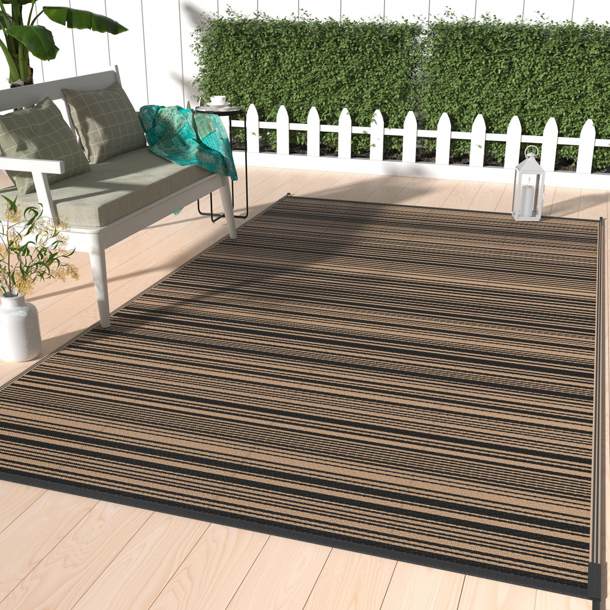GENIMO outdoor rug with reversible pattern enhances deck style and durability