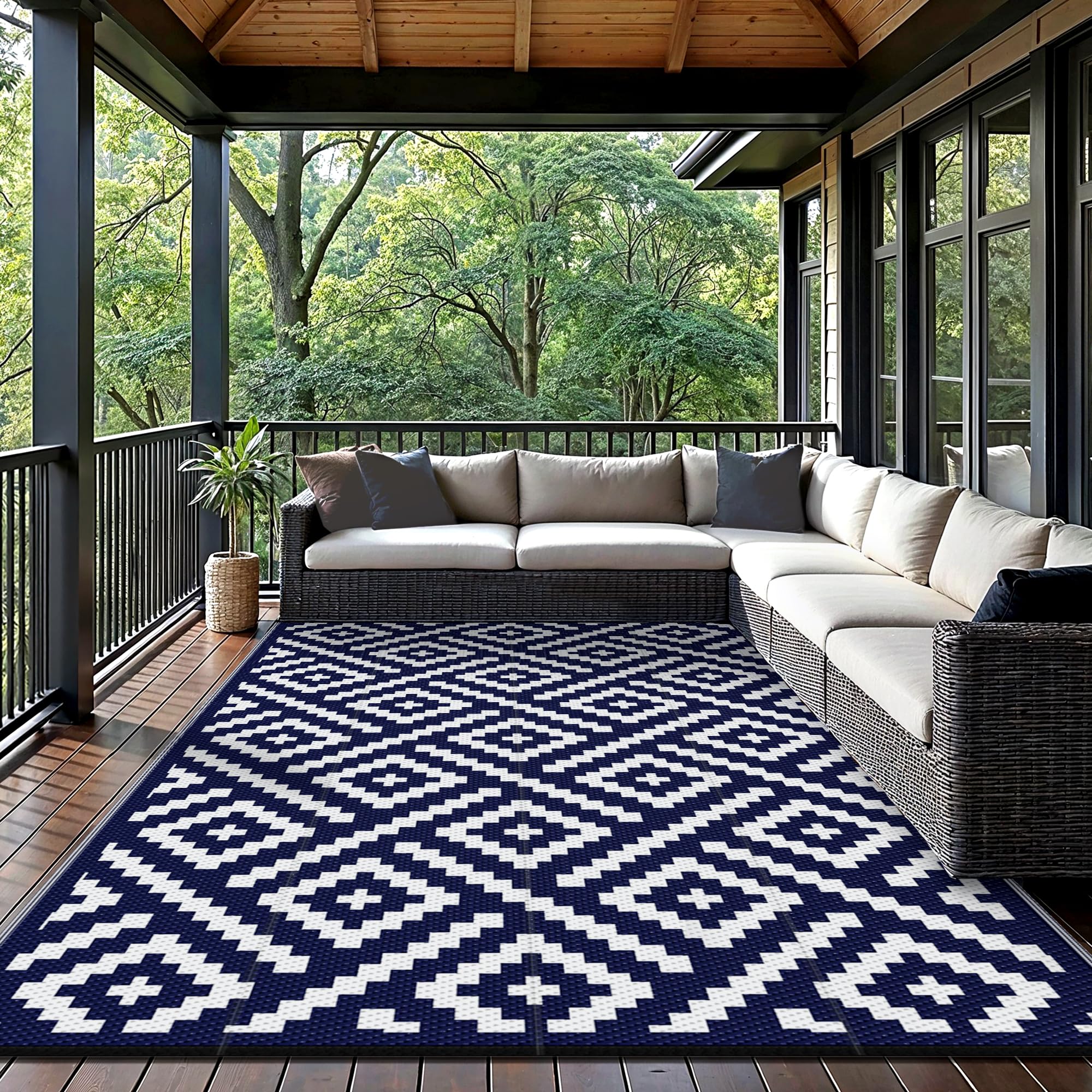 GENIMO outdoor rug showing reversible design with dual patterns for versatile outdoor decor.
