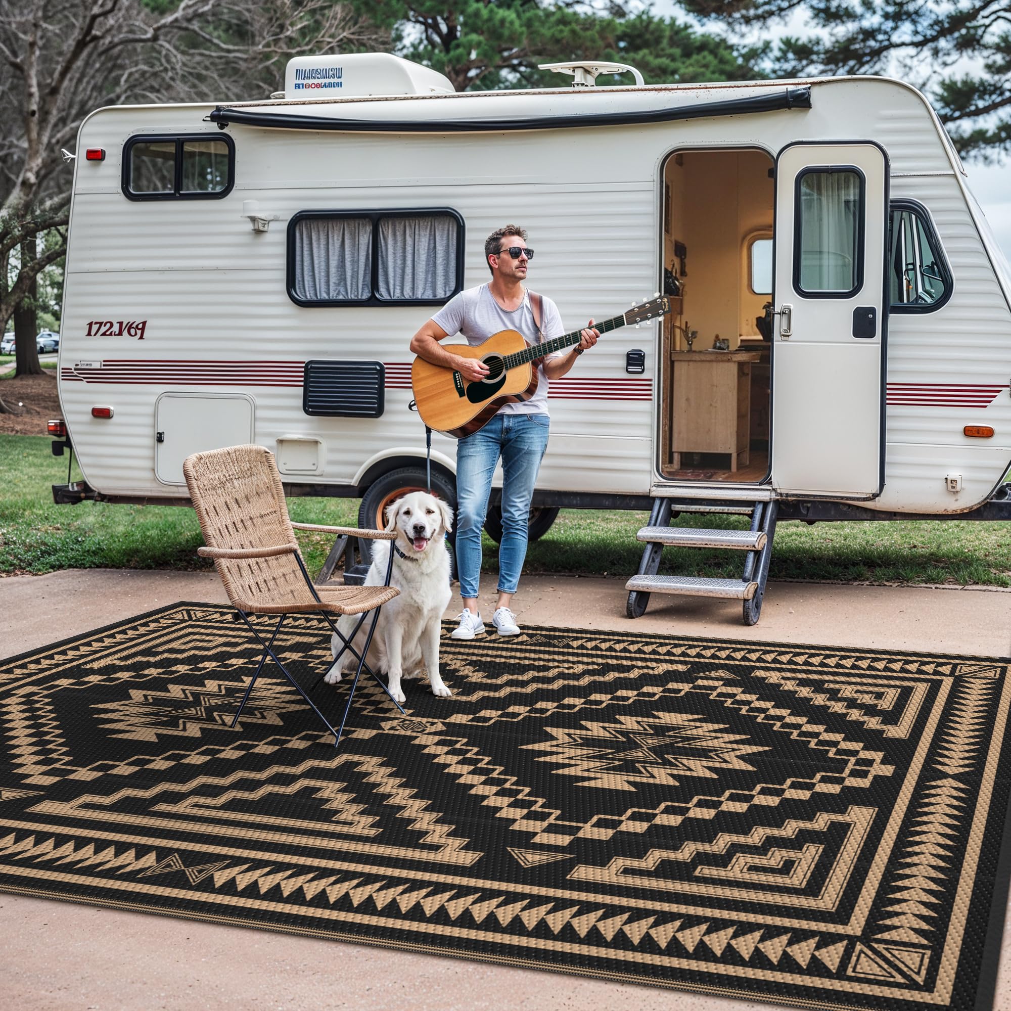 GENIMO RV camping rug unrolls easily for instant outdoor space