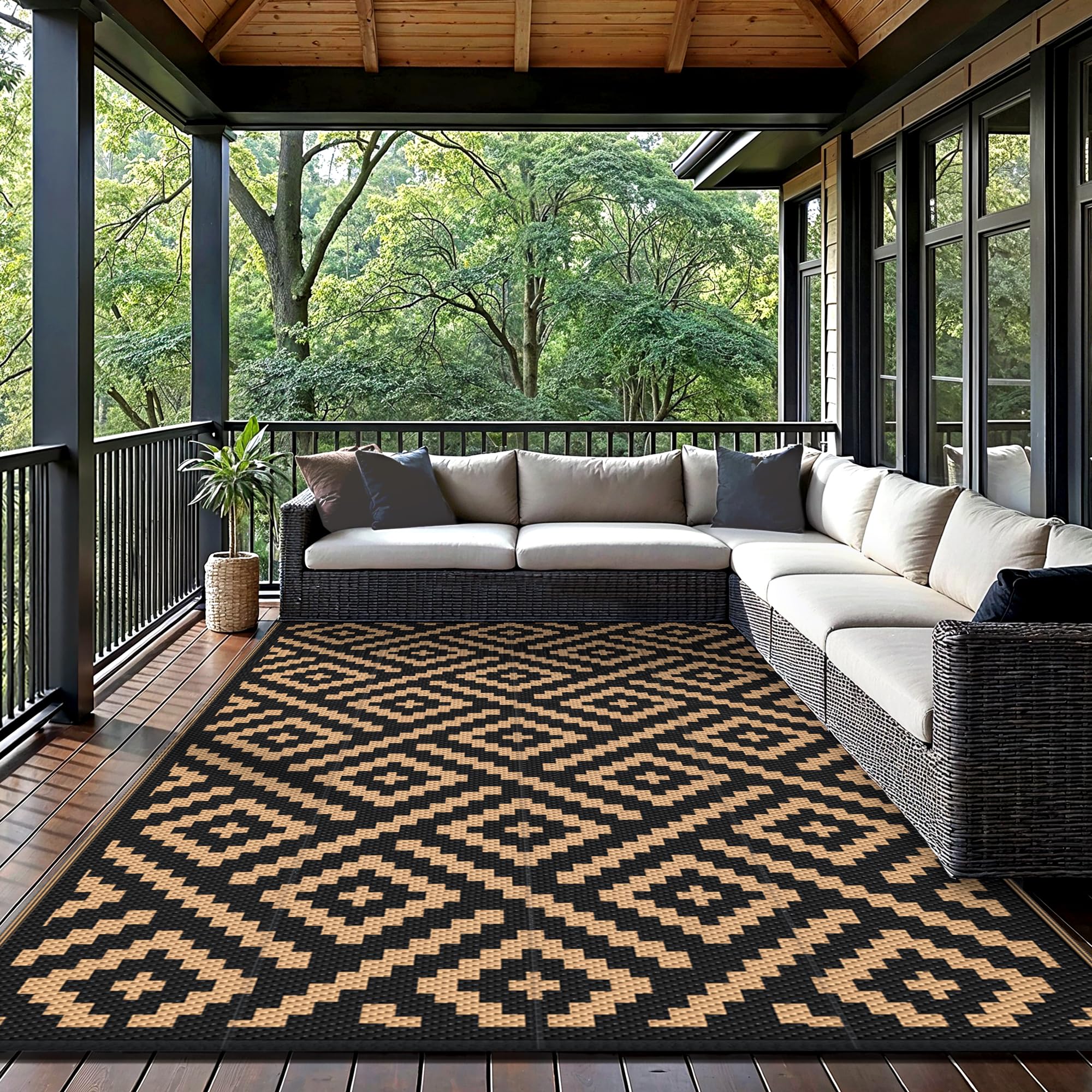 GENIMO outdoor rug shown with RV setup for camping or travel