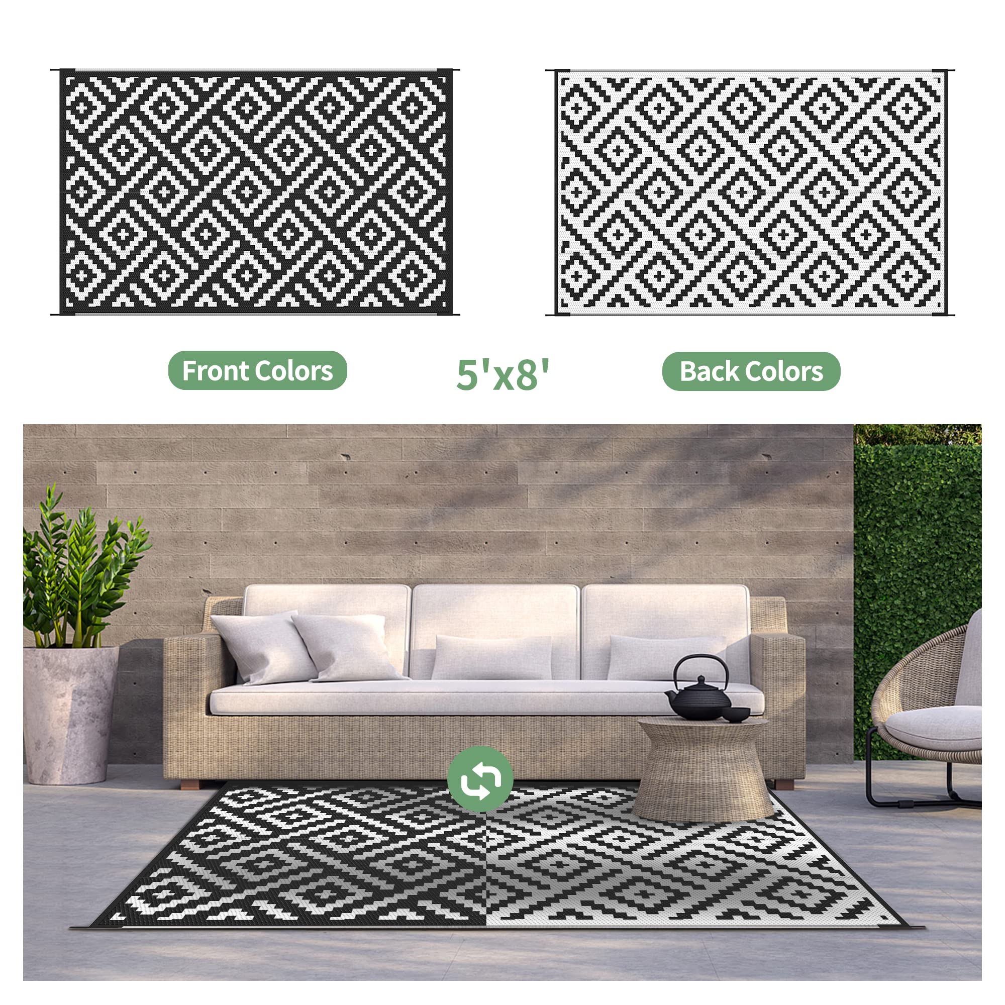 GENIMO quick-clean rug features stain-resistant surface for porch and deck maintenance.