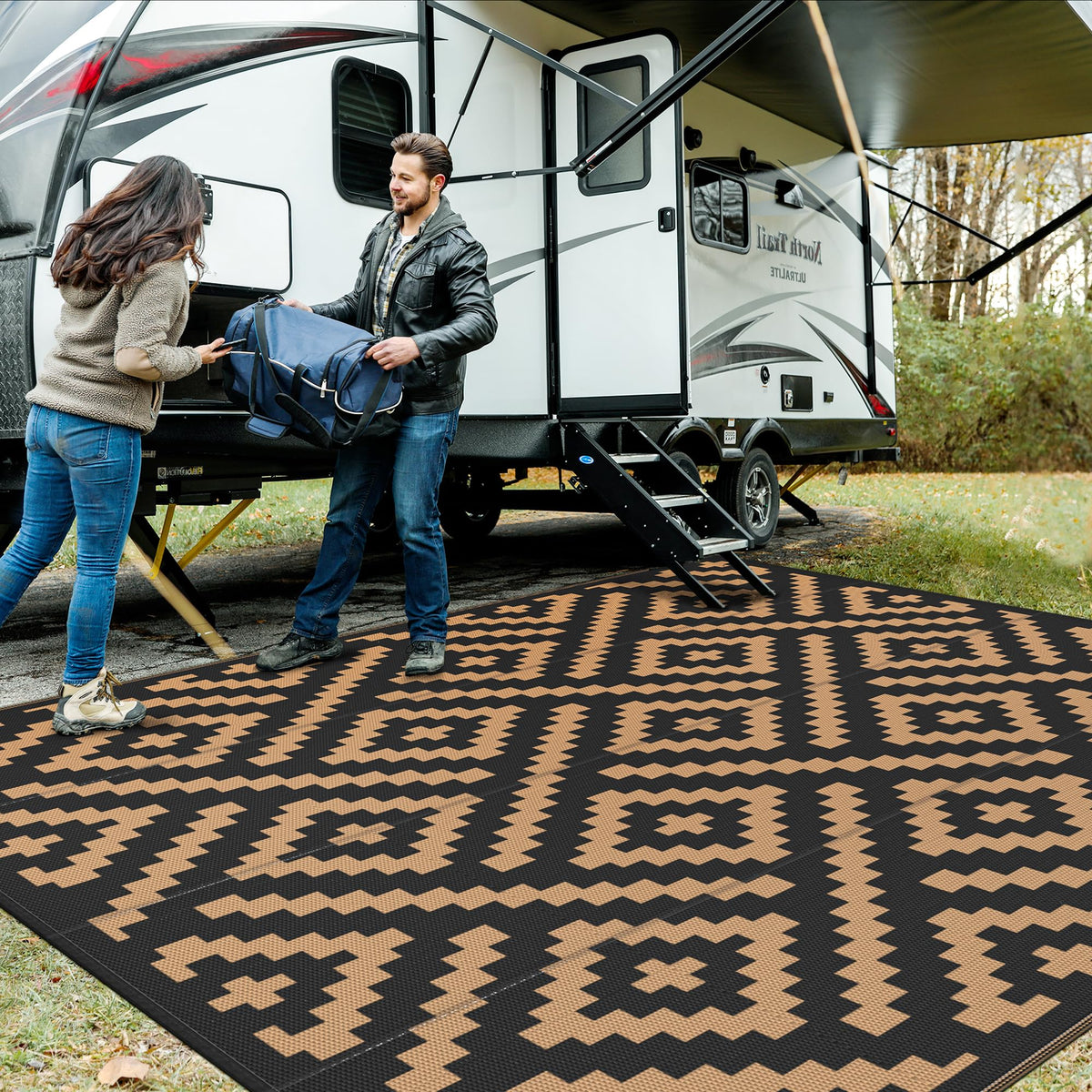 GENIMO outdoor rug waterproof 10x10, reversible, ideal for patio and deck protection.
