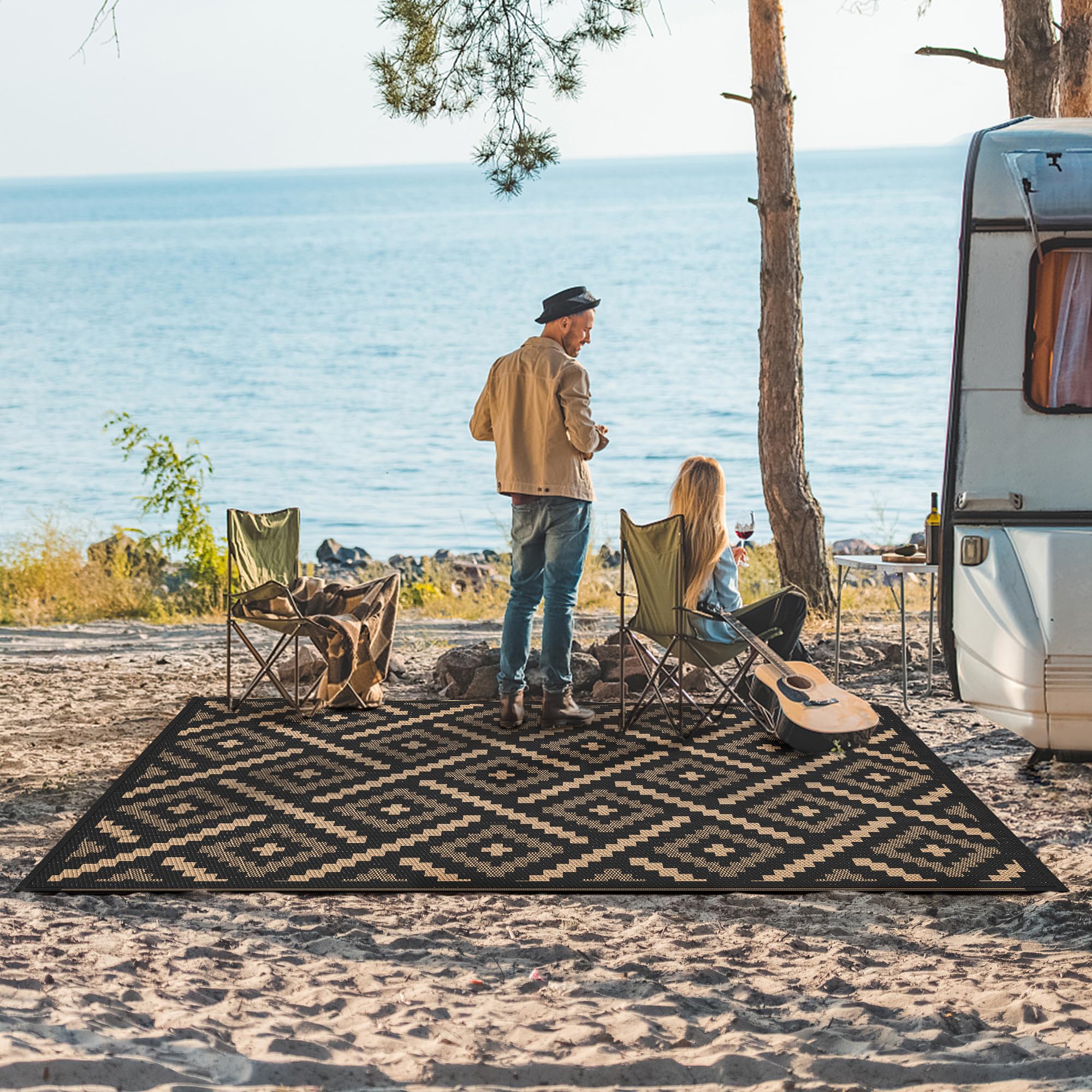 GENIMO outdoor rug waterproof backside enables quick RV camping setups.