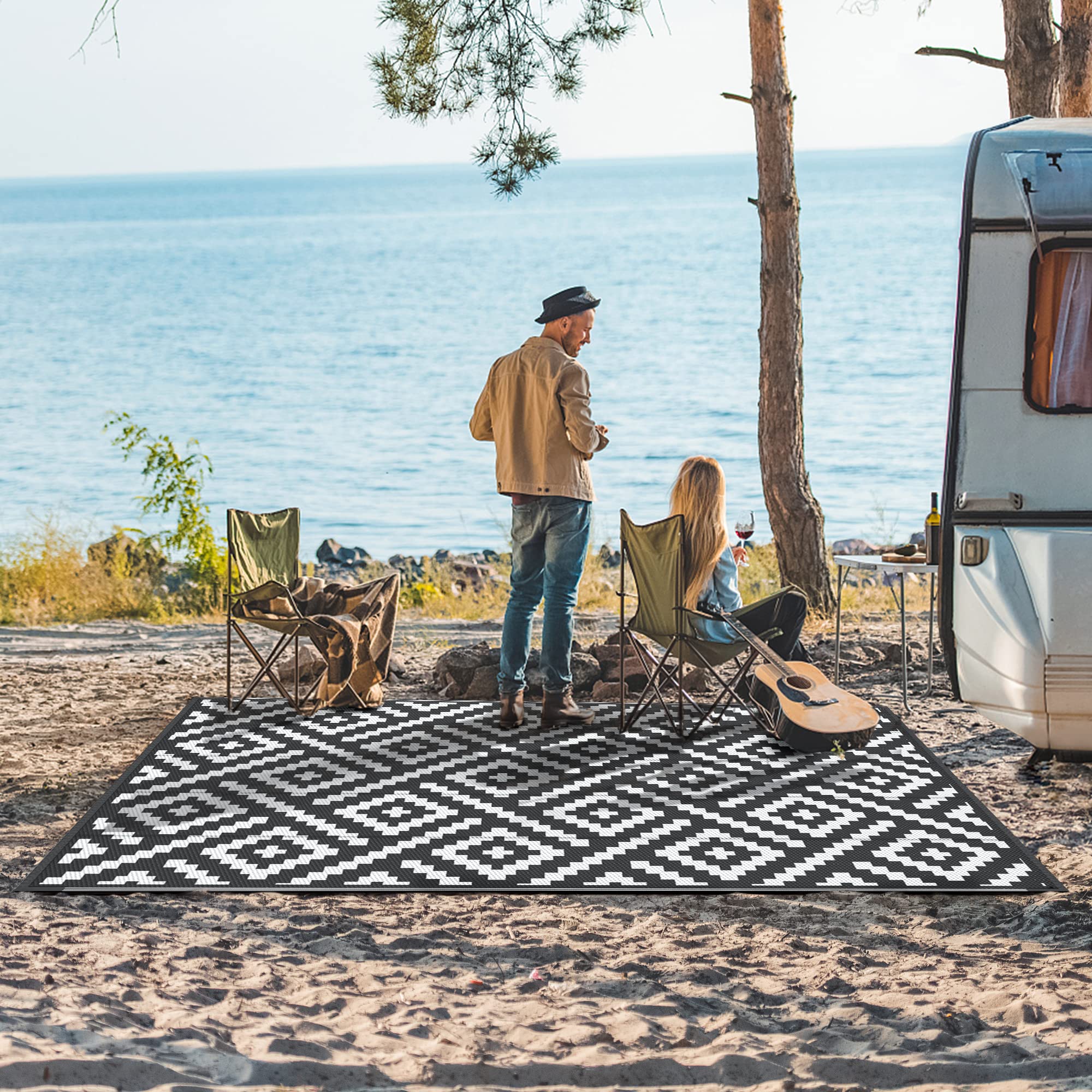 Genimo outdoor rug with waterproof mat features durable backing for all-weather use.
