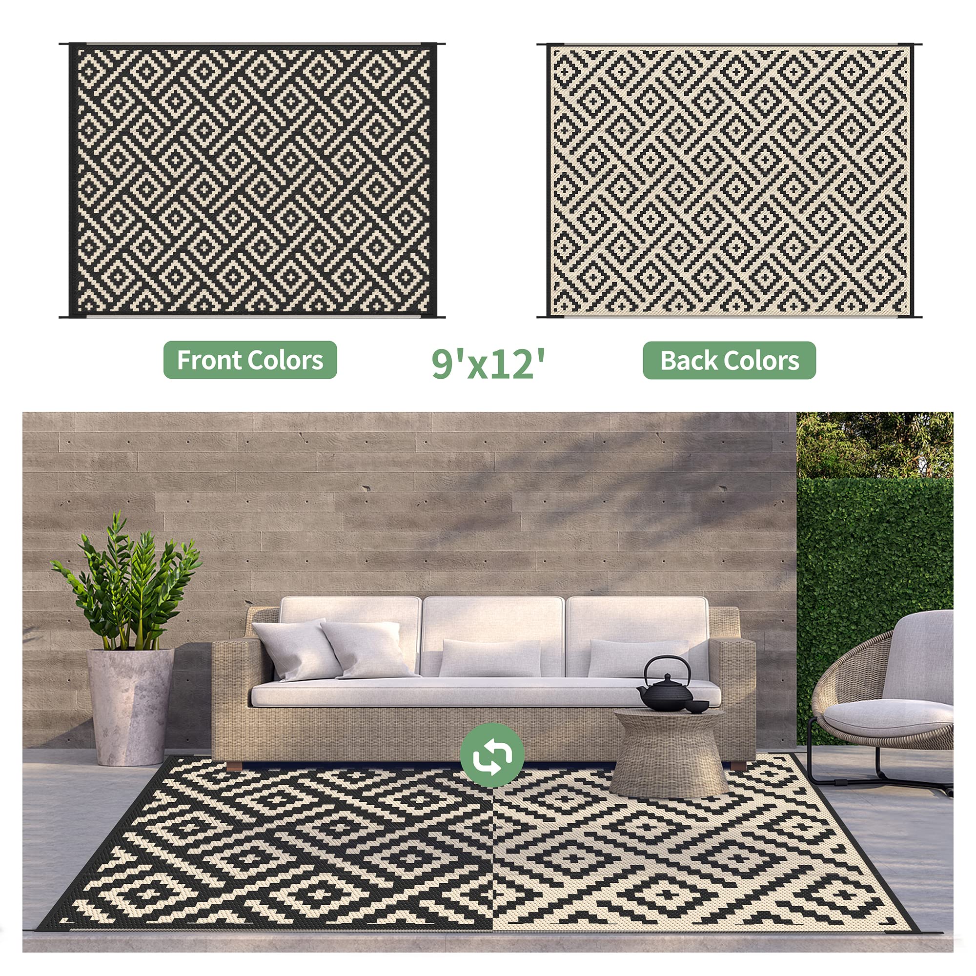 GENIMO weatherproof rug with non-slip backing, stabilizes outdoor setups.