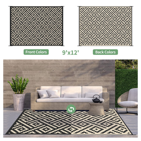 GENIMO weatherproof rug with non-slip backing, stabilizes outdoor setups.