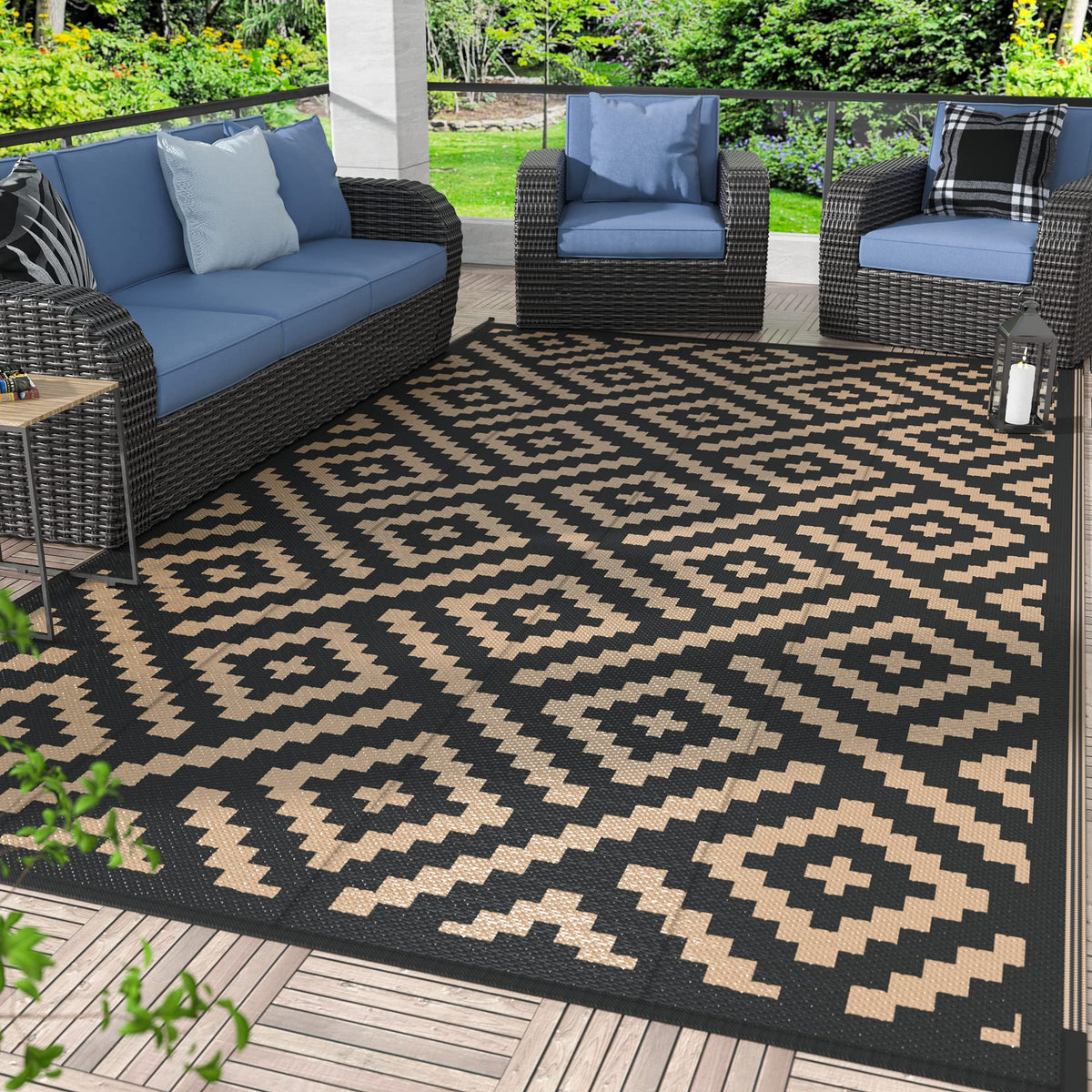 GENIMO 8x10 outdoor rug, waterproof and reversible for patio versatility.