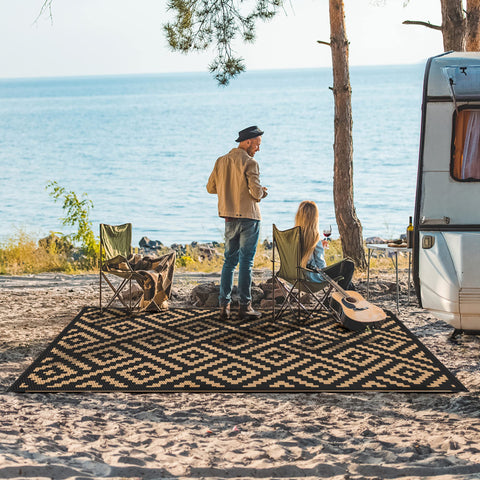 GENIMO outdoor rug side A geometric pattern hides dirt effectively.