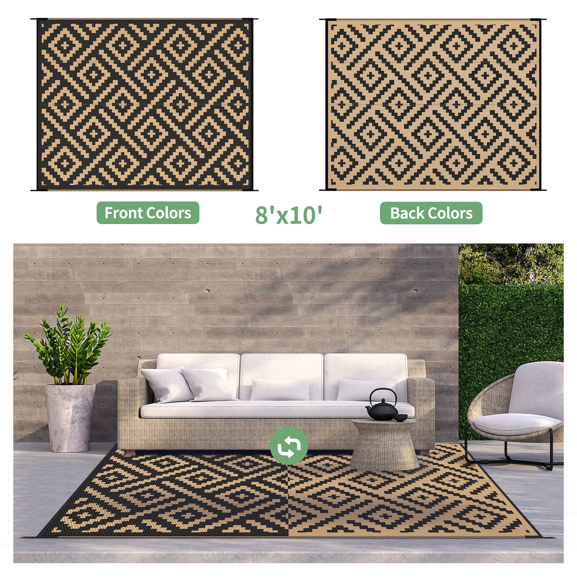 GENIMO rug with weatherproof coating for sun and rain protection.