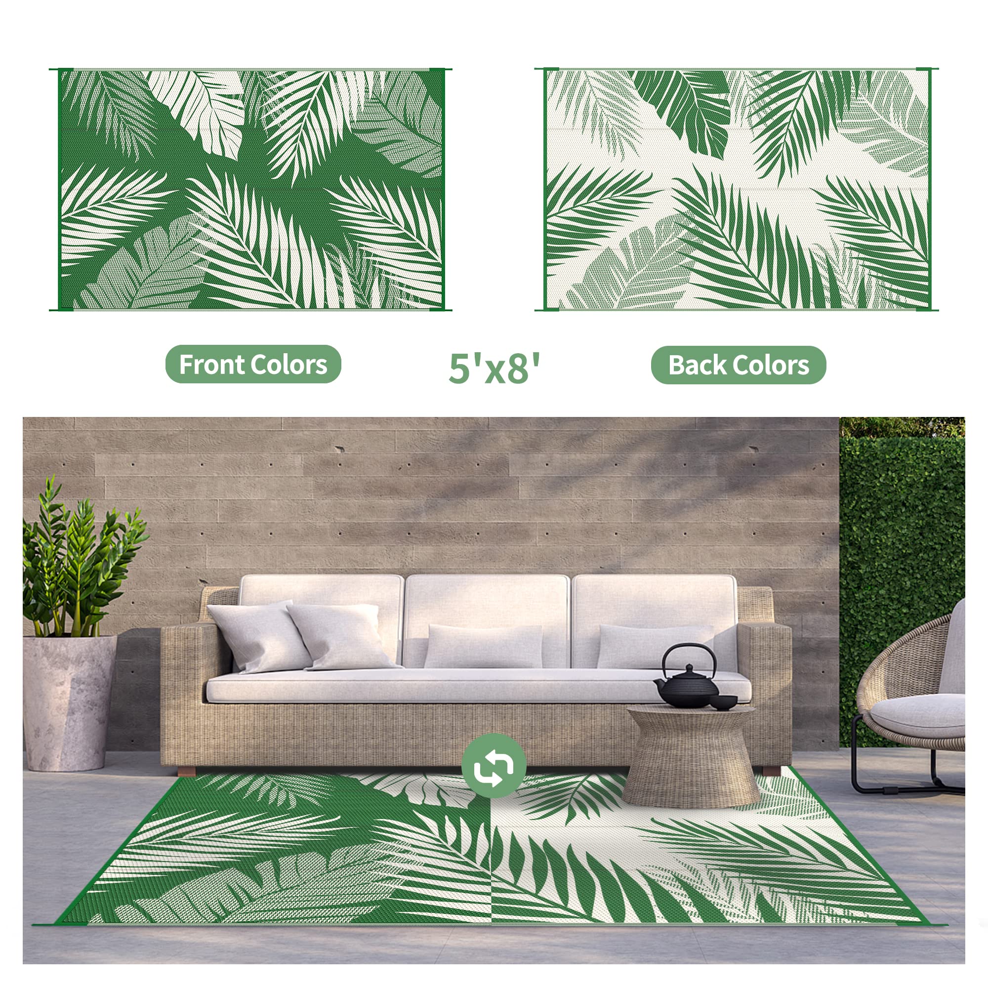 GENIMO palm-pattern on durable rug offers reversible options for mixed outdoor looks.