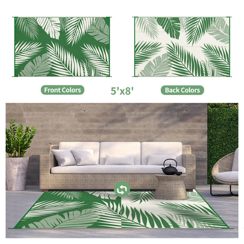 GENIMO palm-pattern on durable rug offers reversible options for mixed outdoor looks.