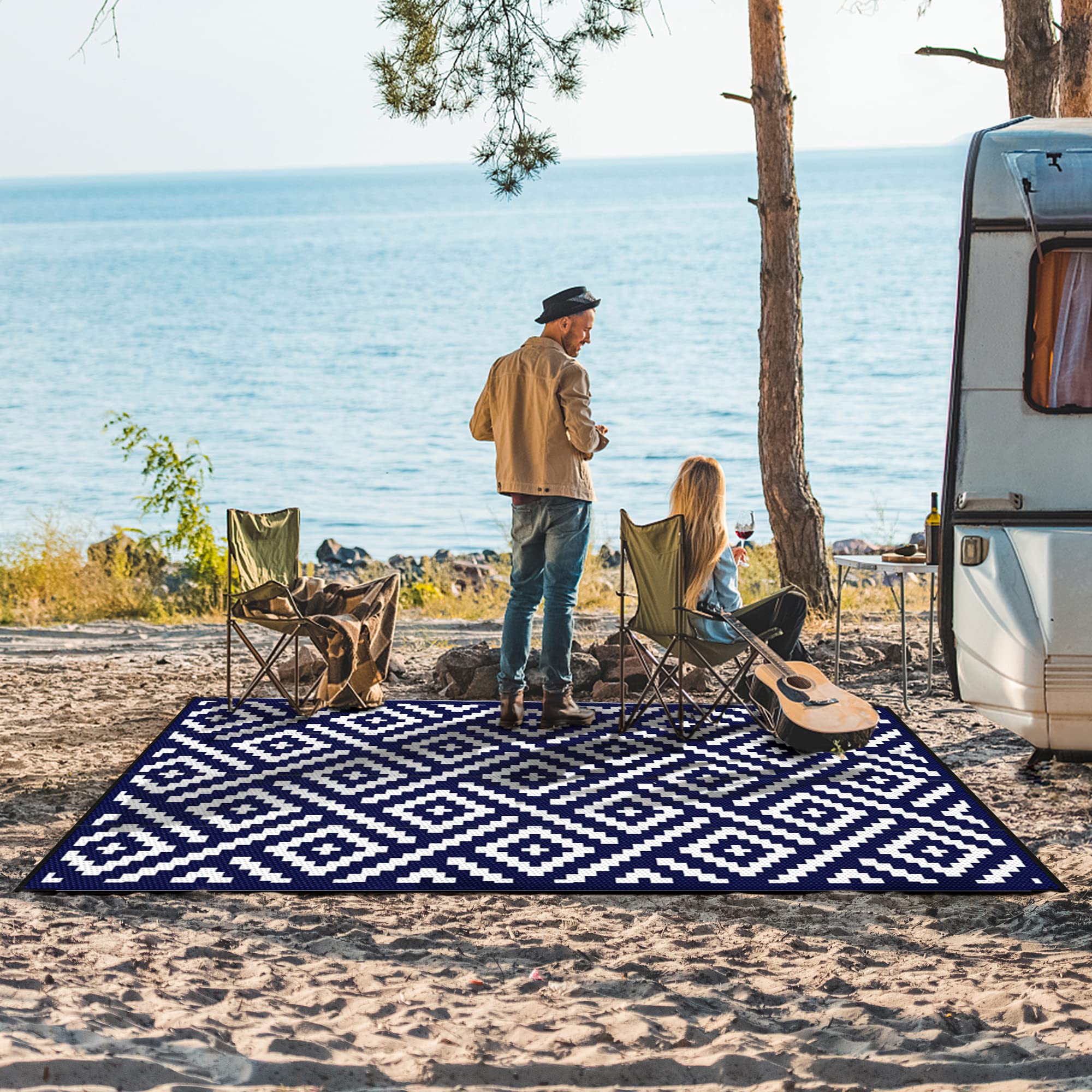 GENIMO patio rug waterproof navy and white geometry for deck or garden