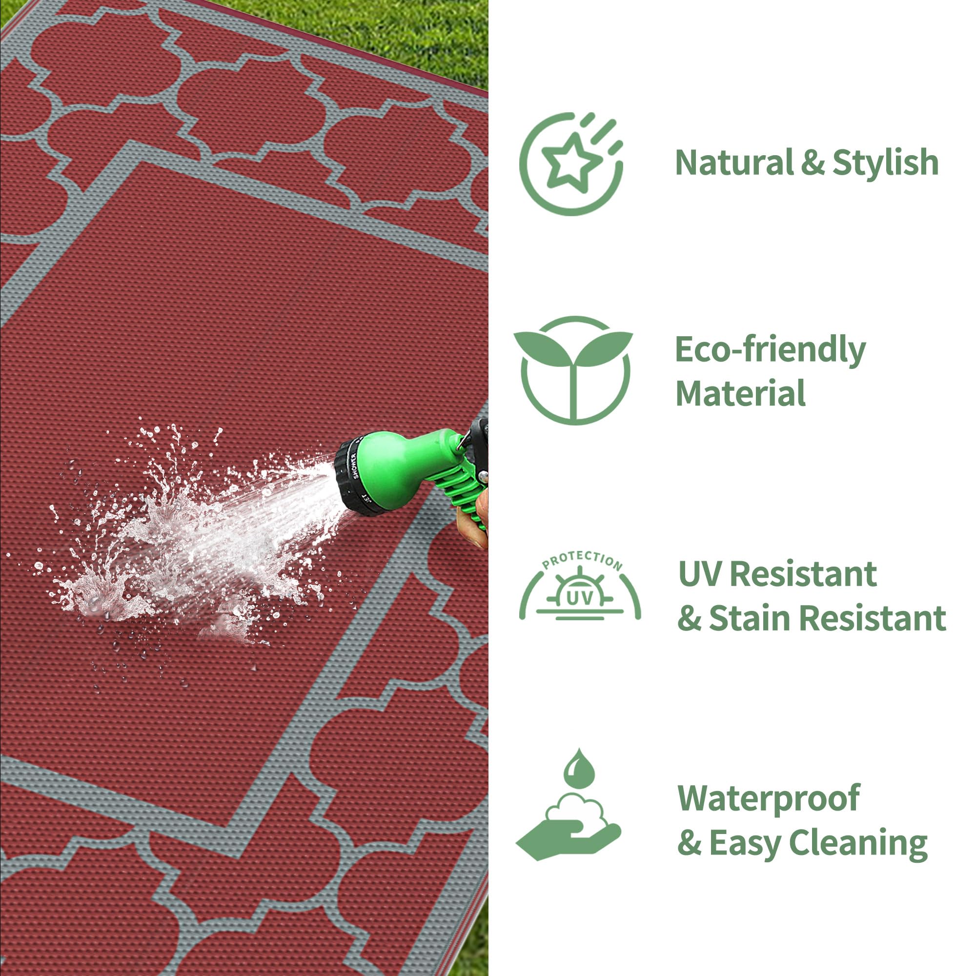 GENIMO polypropylene outdoor rug dries quickly and resists stains.