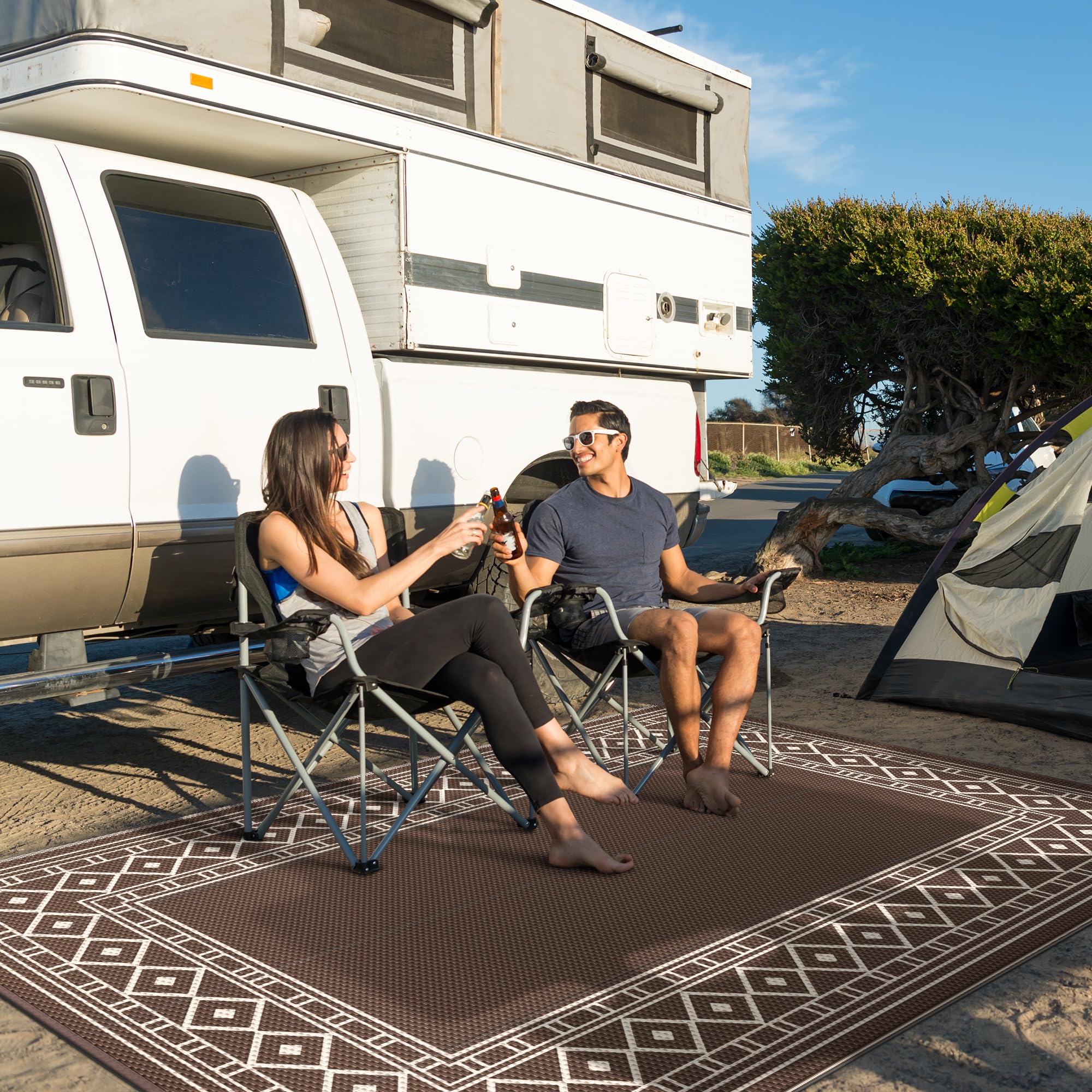 GENIMO RV deck setup with four stakes for secure placement.
