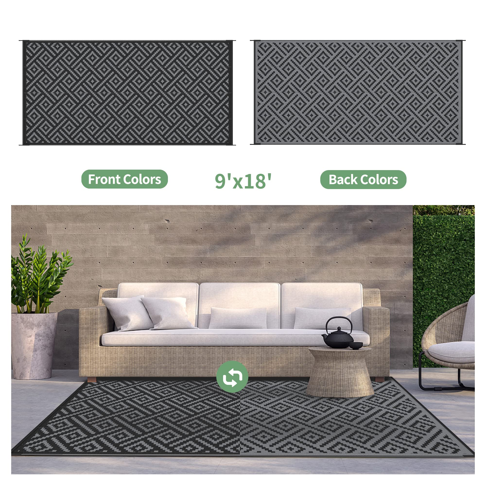 GENIMO weatherproof rug with non-slip grid backing drains rainwater.