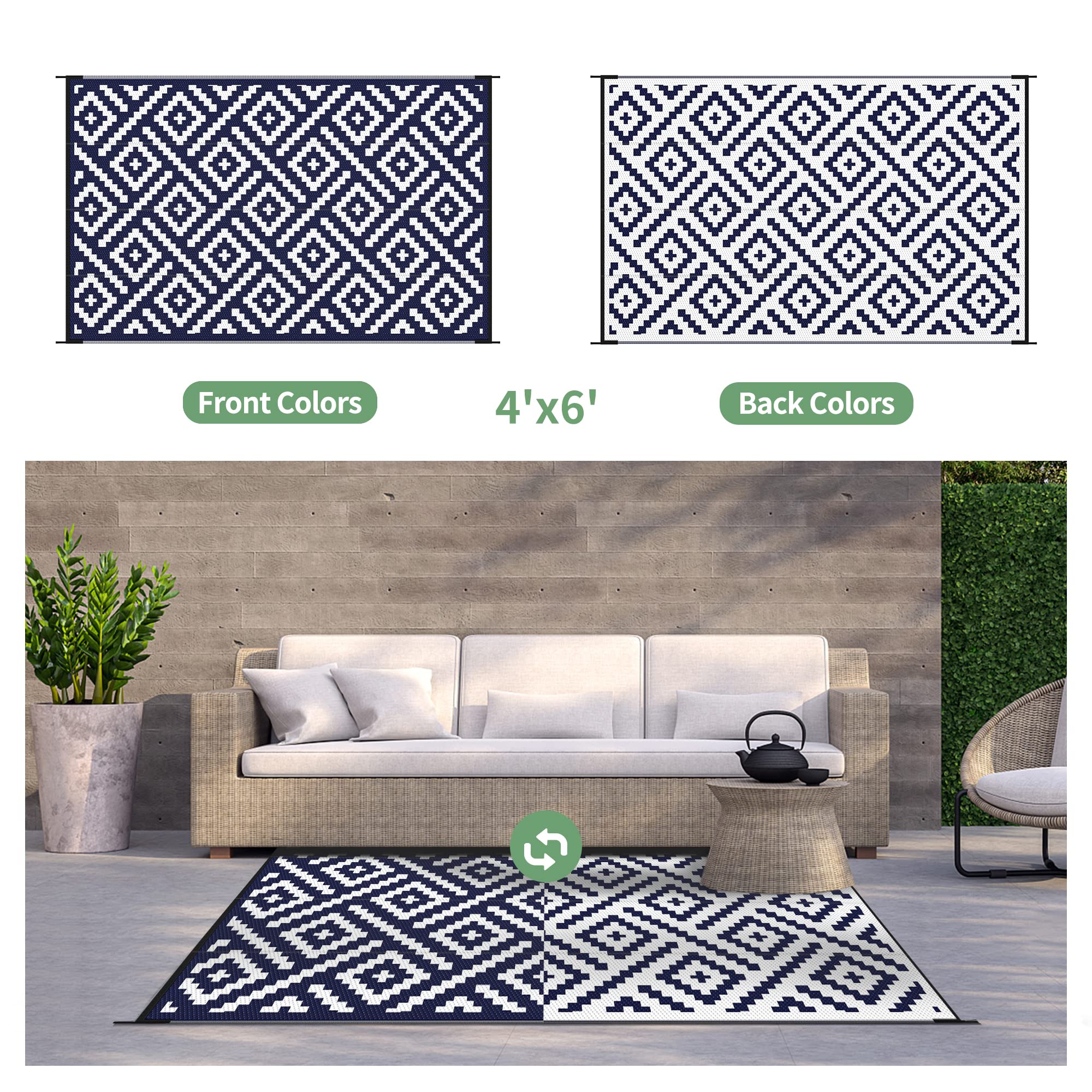 Genimo weatherproof rug with non-slip backing drains rain and stays put.