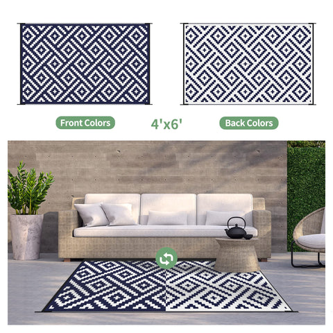 Genimo weatherproof rug with non-slip backing drains rain and stays put.