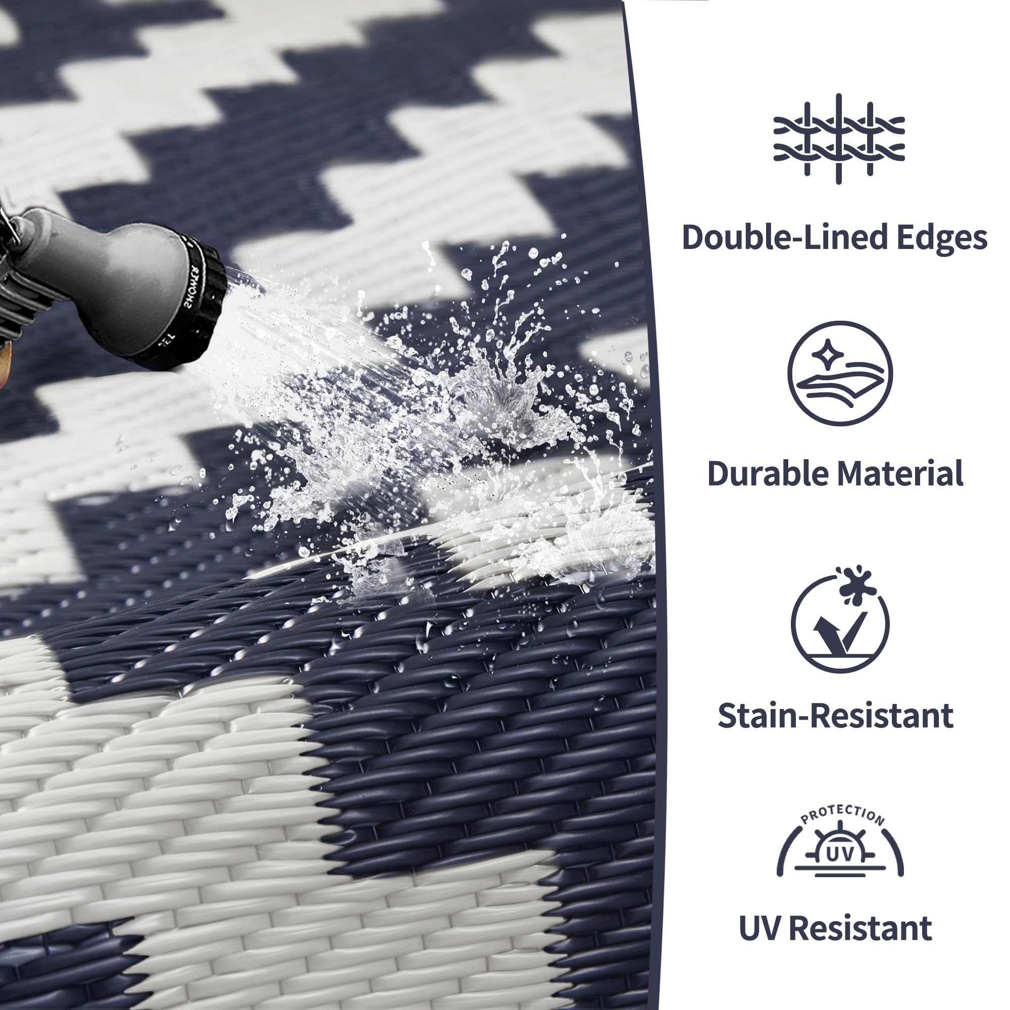GENIMO weatherproof rug features non-slip backing and rain drainage.