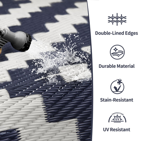 GENIMO weatherproof rug features non-slip backing and rain drainage.