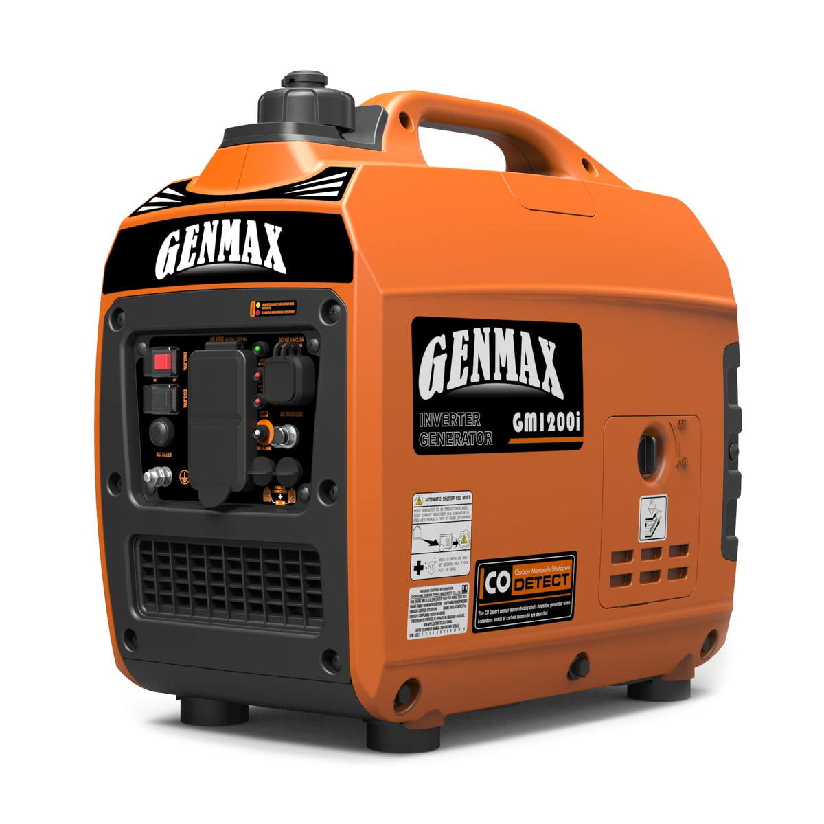GENMAX GM1200i front view shows compact, lightweight power for camping.