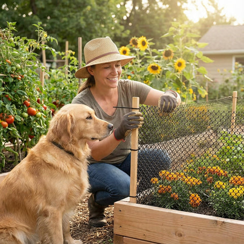 GENNIZZ garden netting in use around flower beds to protect seedlings.