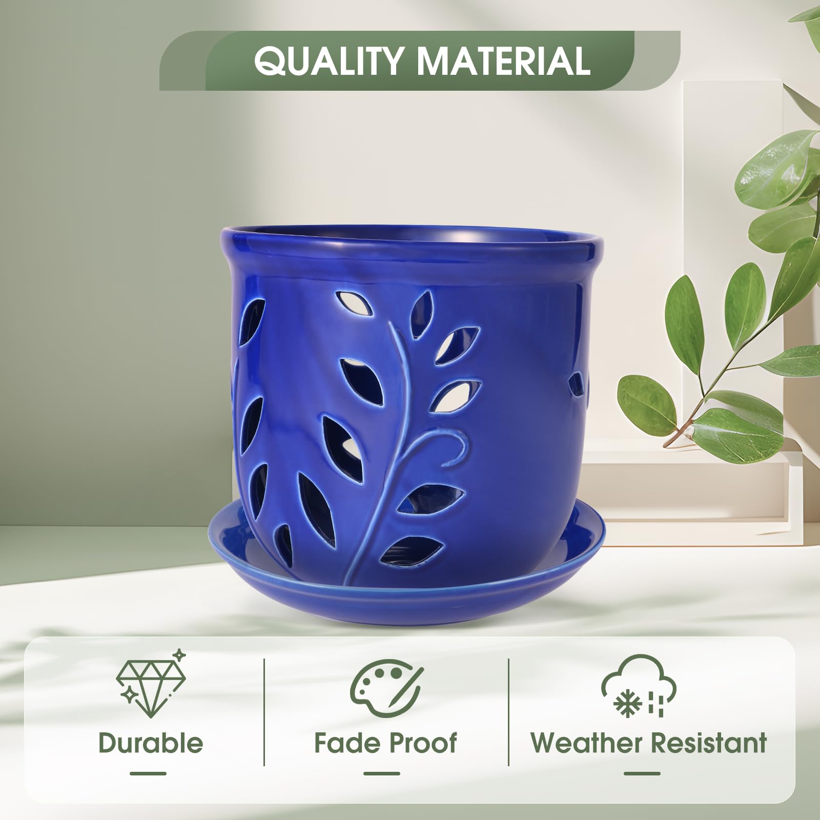 Genntale handcrafted ceramic orchid pot blue showcases artisanal detailing.