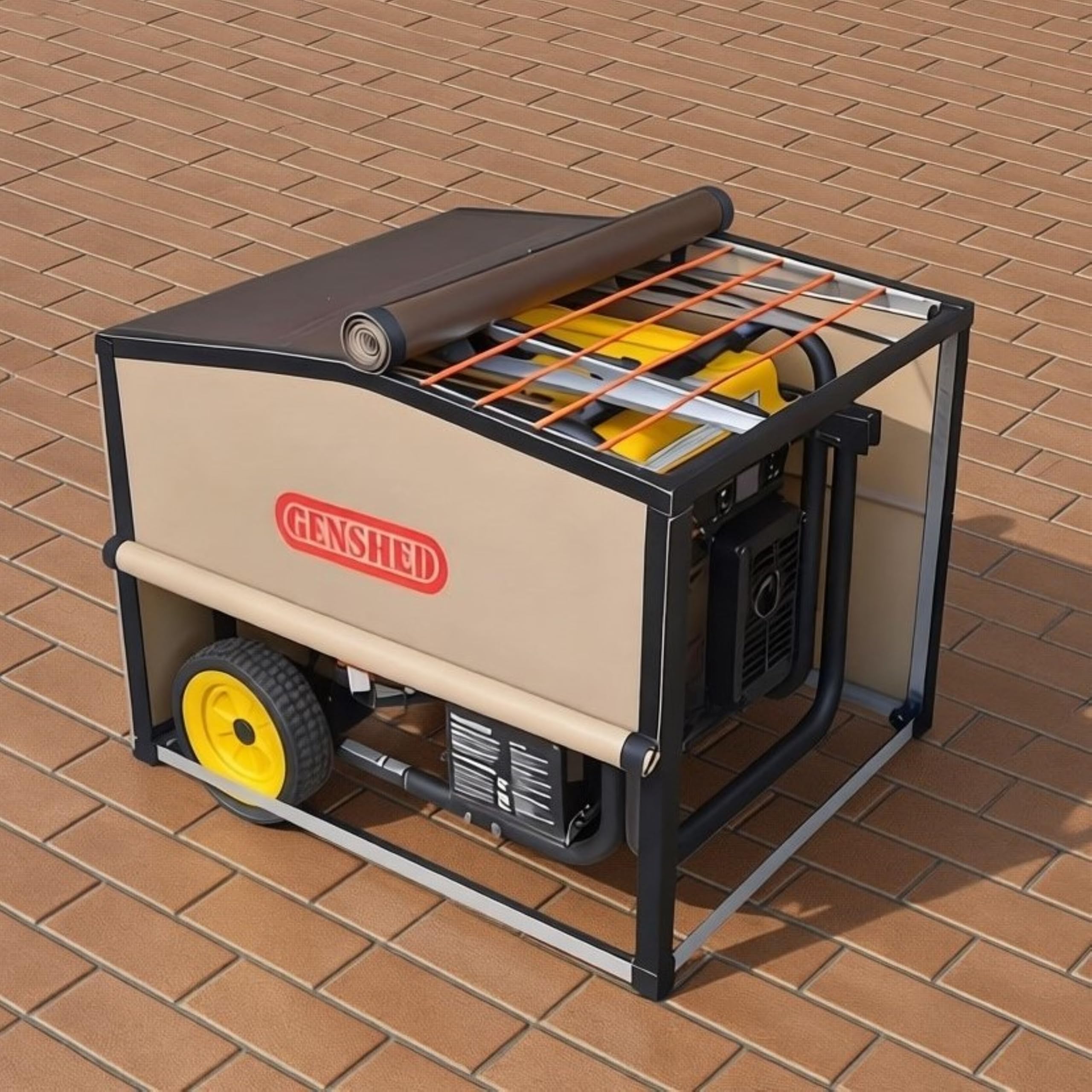GenShed GCE running setup shows generator inside for safe operation and quick access.