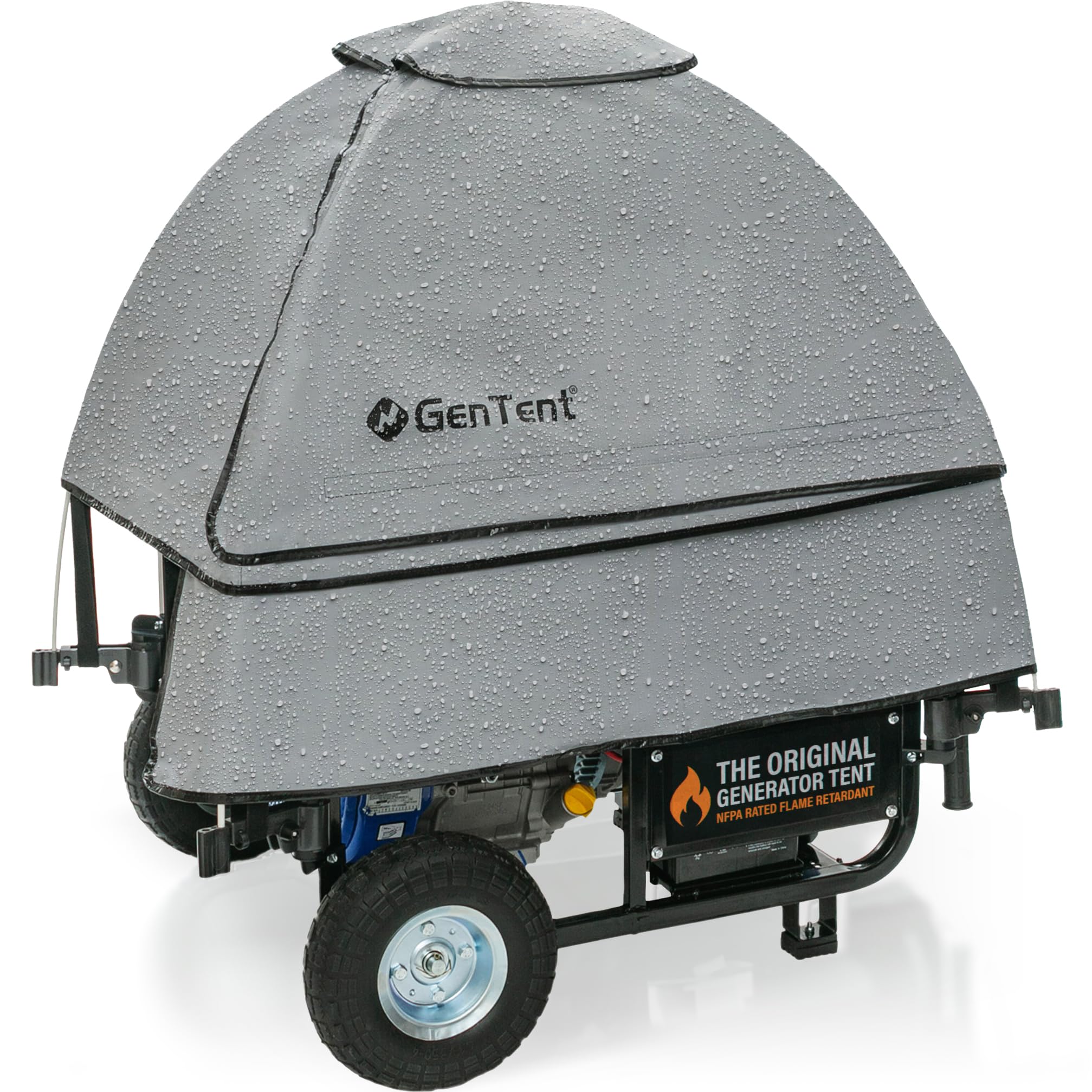 Gentent GenTent open frame running cover in slate, side view showing weather protection