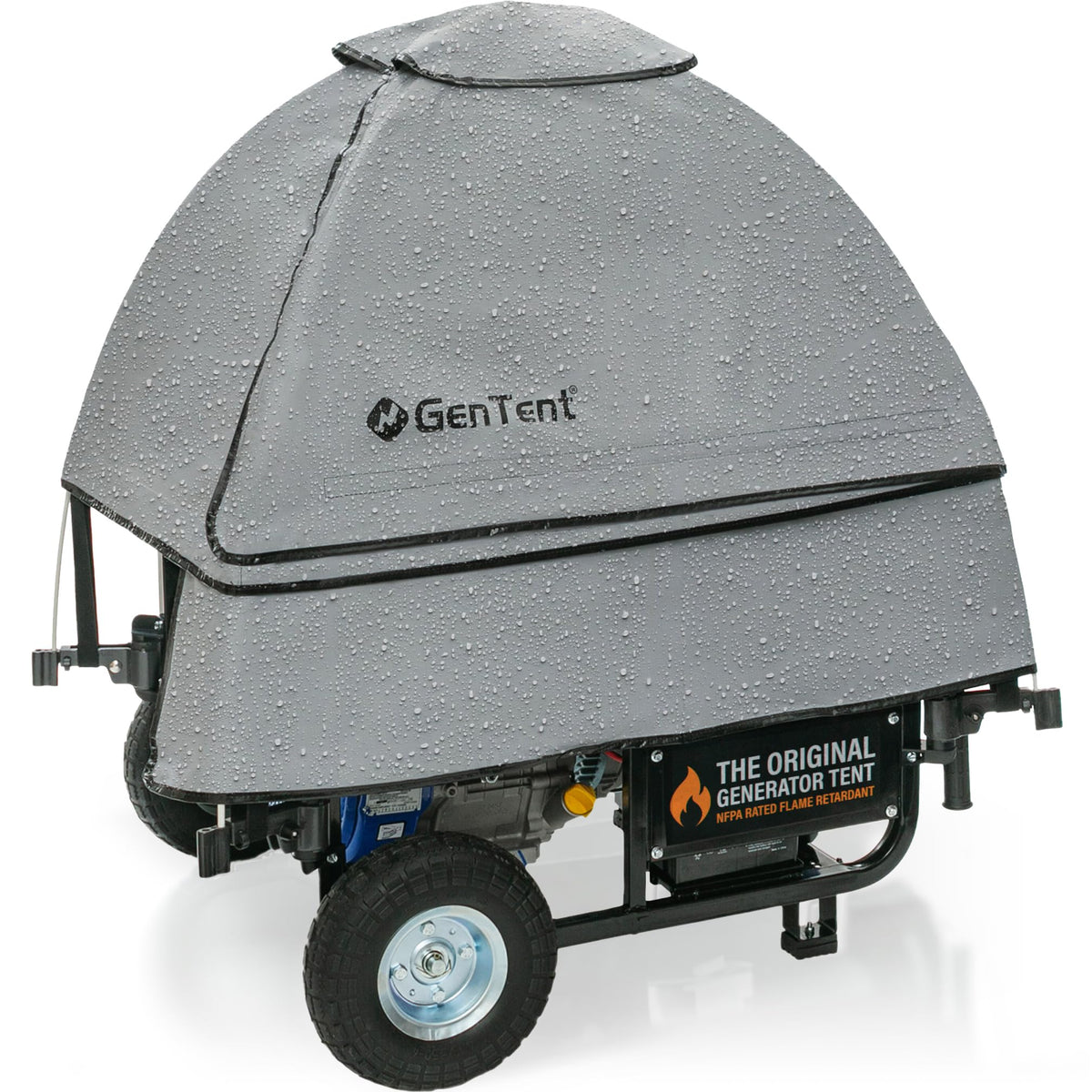 Gentent GenTent open frame running cover in slate, side view showing weather protection