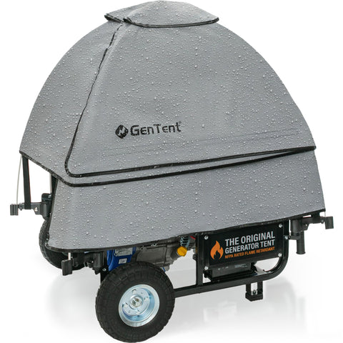 Gentent GenTent open frame running cover in slate, side view showing weather protection