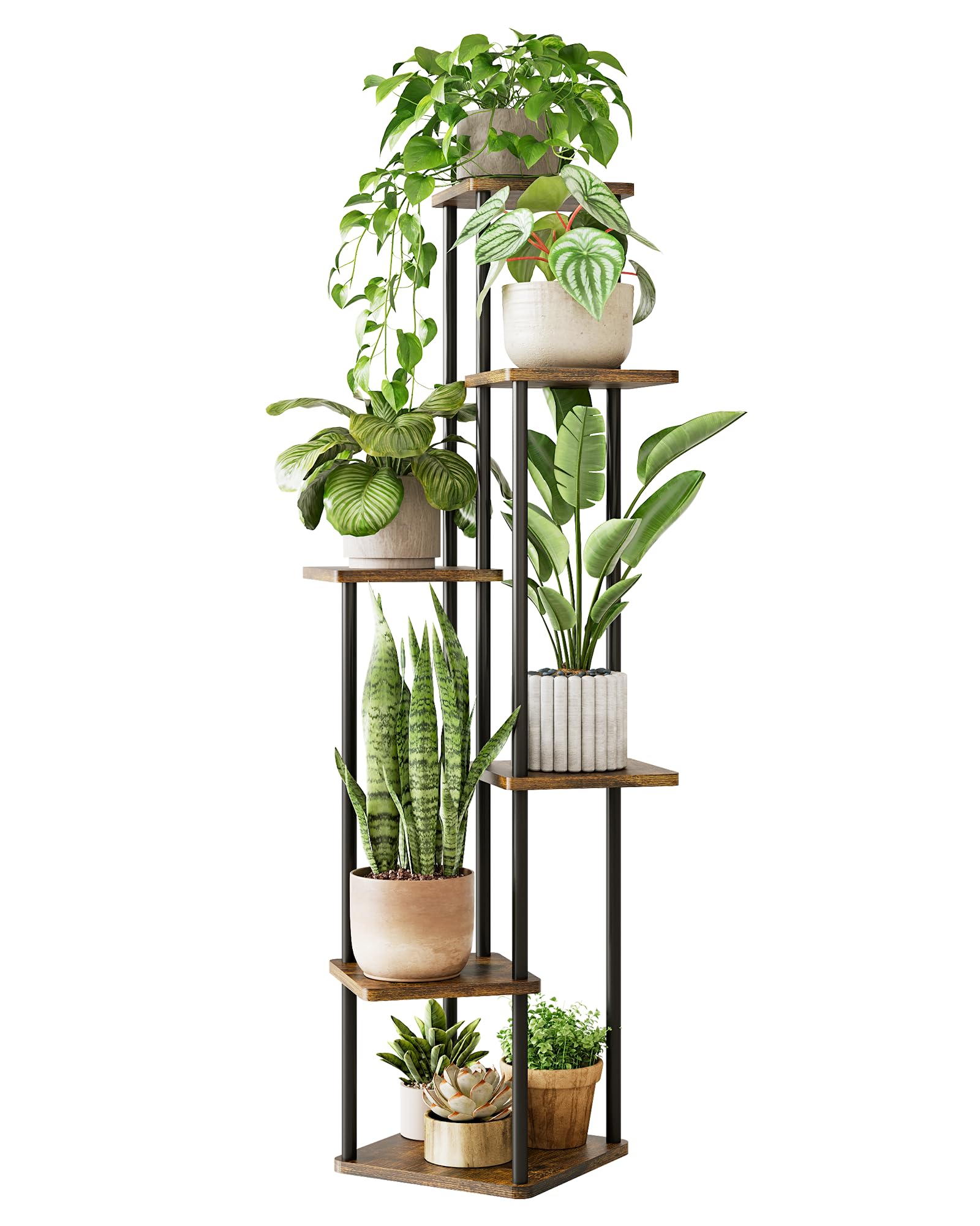 GENTINGBRO corner 6-tier plant stand in brown oak maximizes corner space for lush displays.