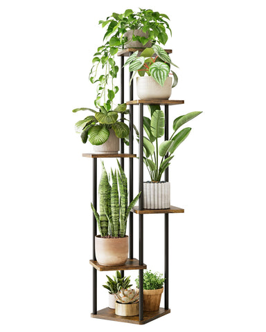 GENTINGBRO corner 6-tier plant stand in brown oak maximizes corner space for lush displays.