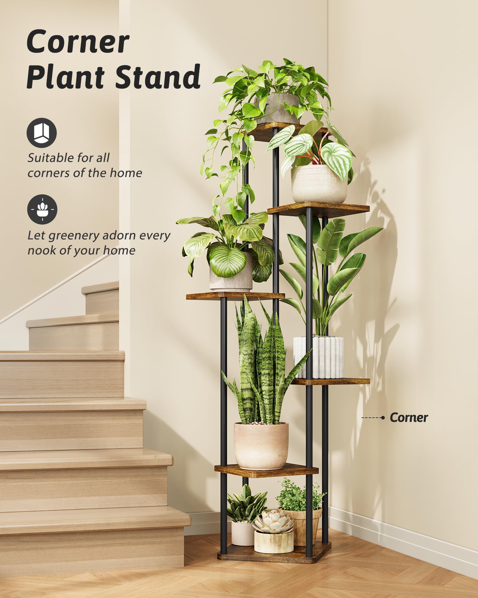 GENTINGBRO corner plant stand side view shows tall multi-tier arrangement.