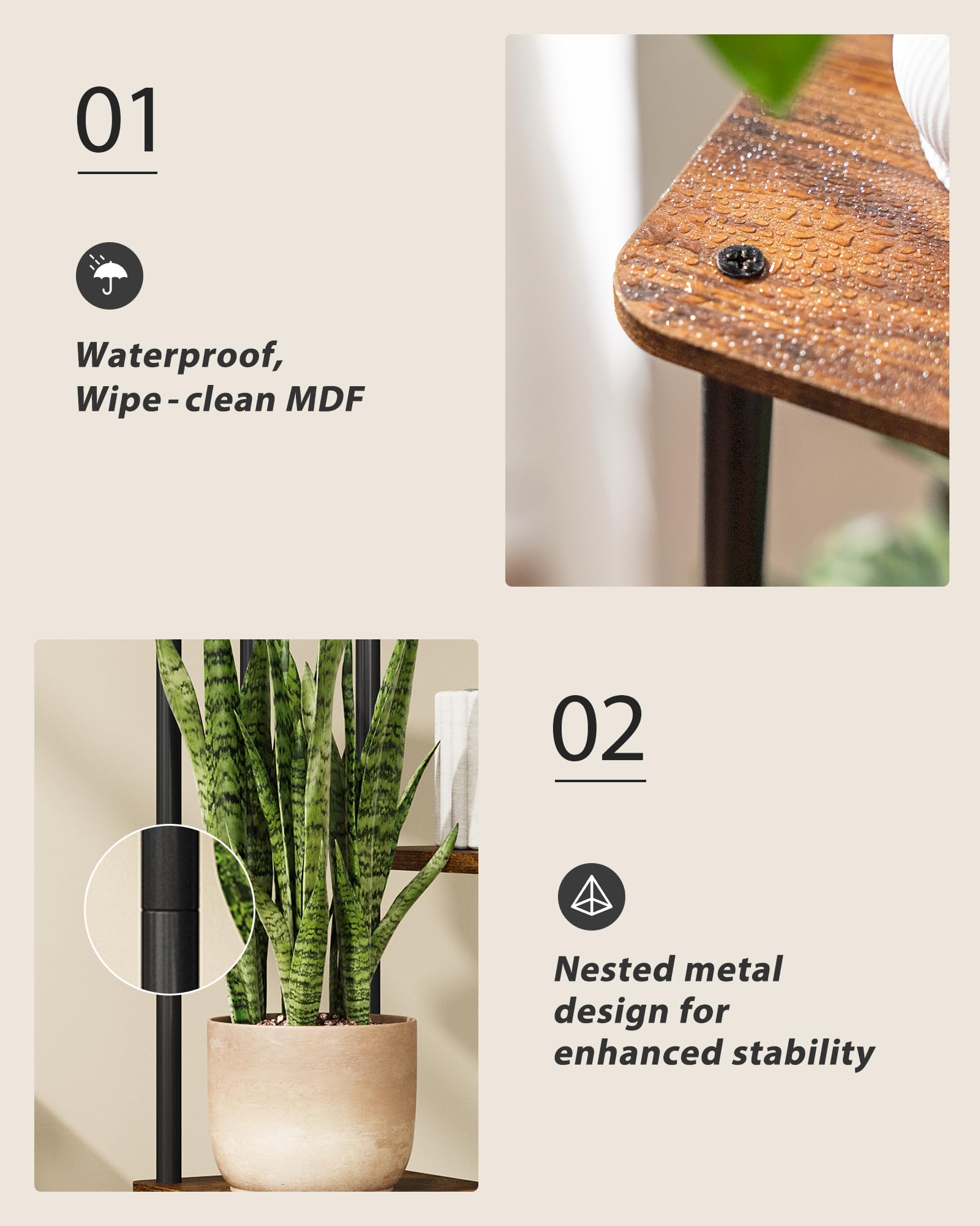 GENTINGBRO industrial-chic plant shelf supports medium pots and planters.