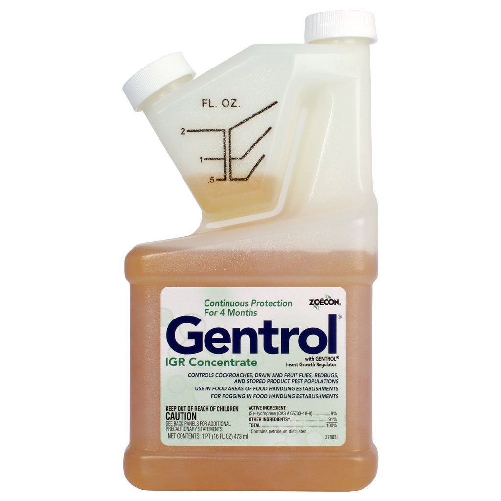Gentrol Concentrate bottle pour showing pest control use against roaches and flies.