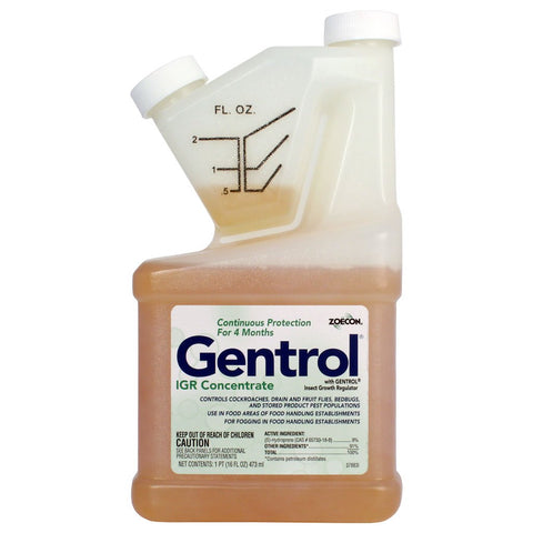 Gentrol Concentrate bottle pour showing pest control use against roaches and flies.