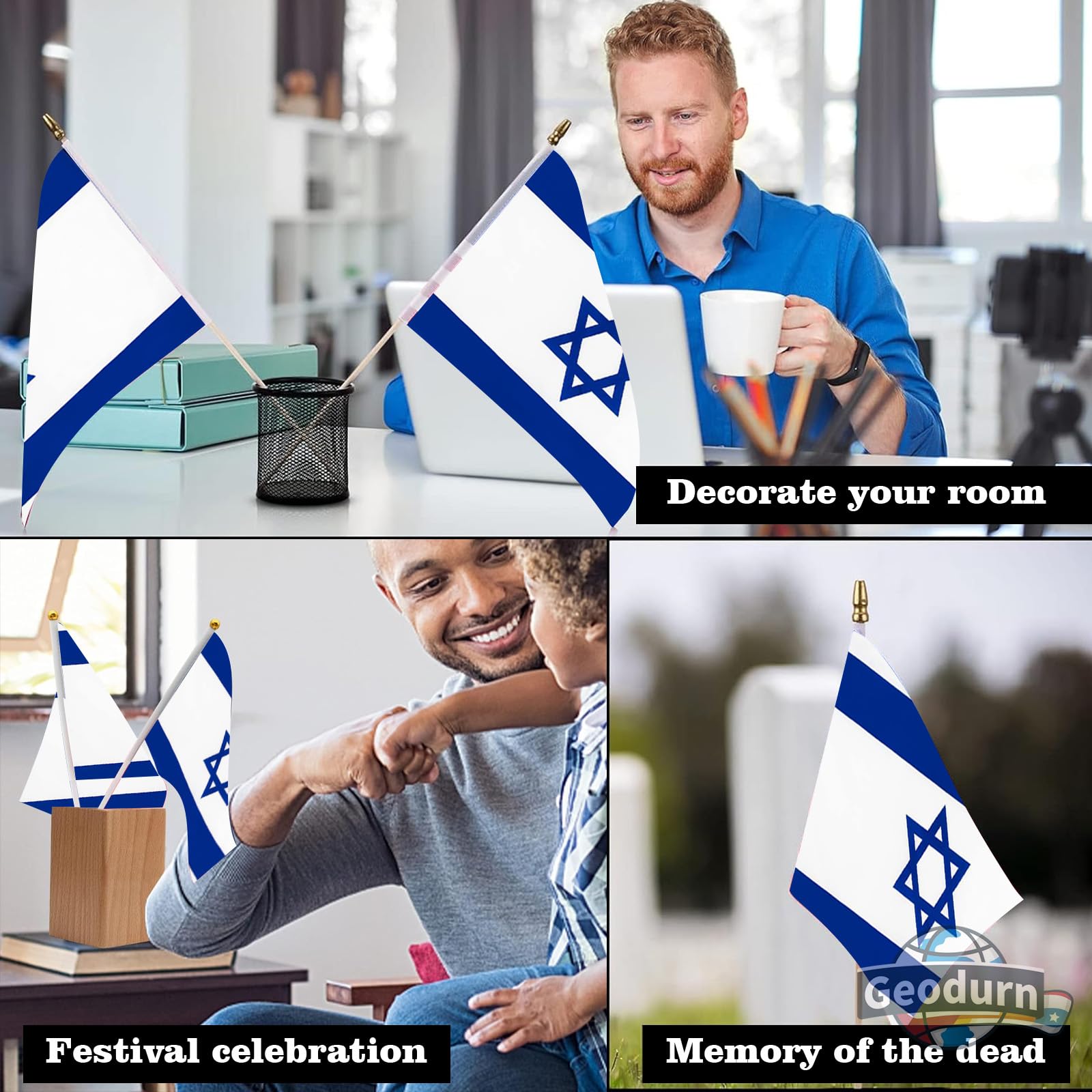 Geodurn blue and white Star of David flag for meaningful ceremonies.