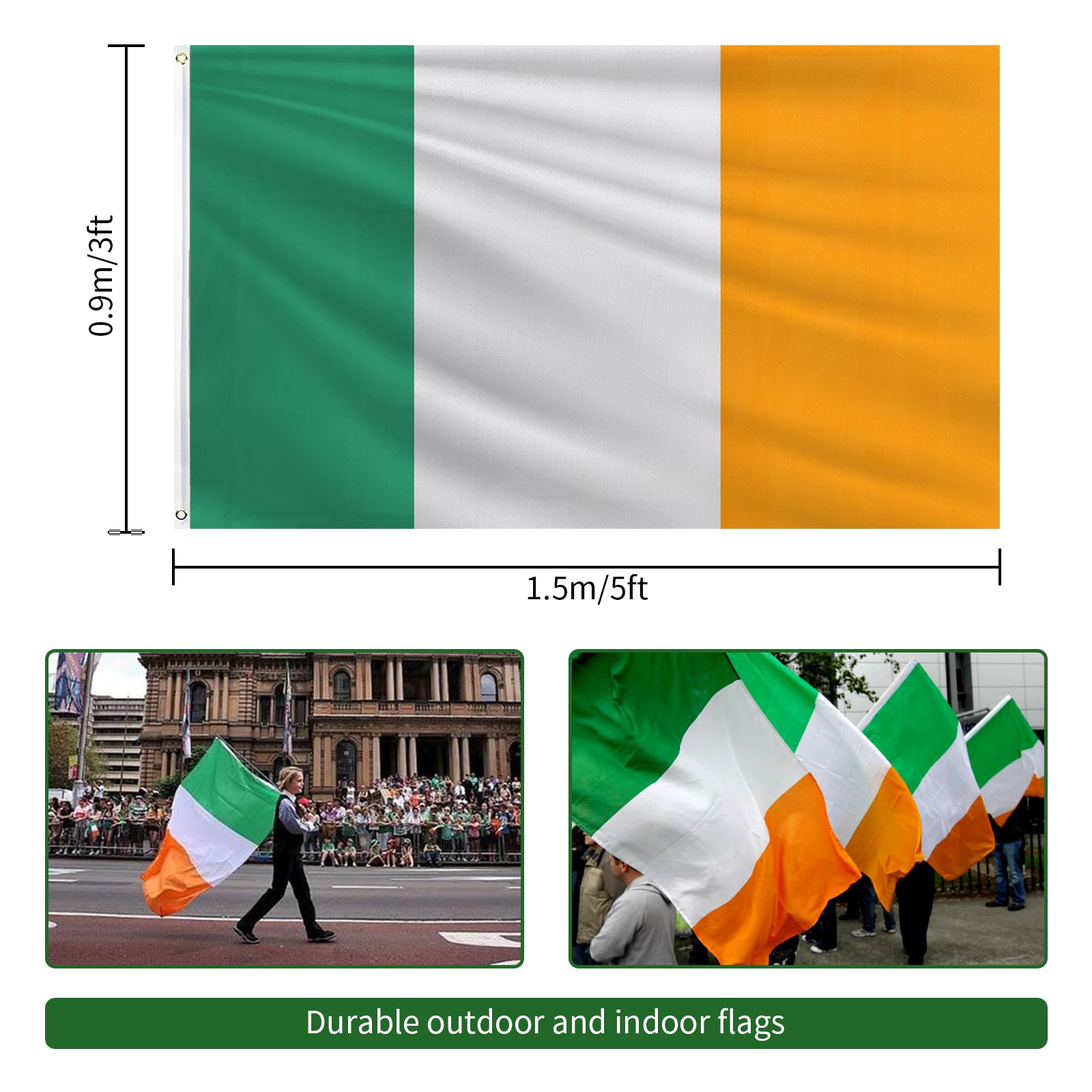 Geodurn Irish flag tricolor green white orange for vibrant indoor decor.