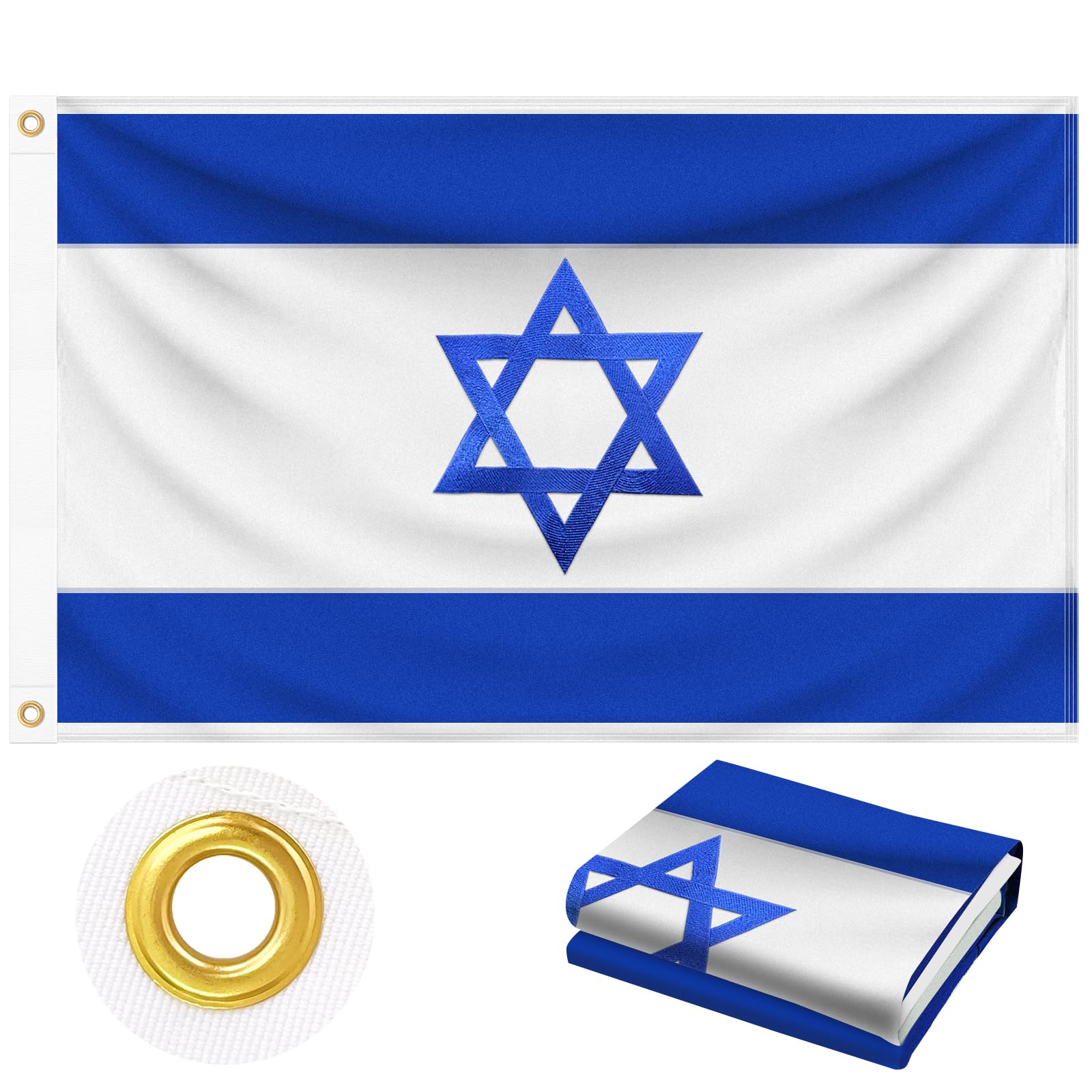 Geodurn Israel flag 3x5 ft outdoors with brass grommets for secure display.