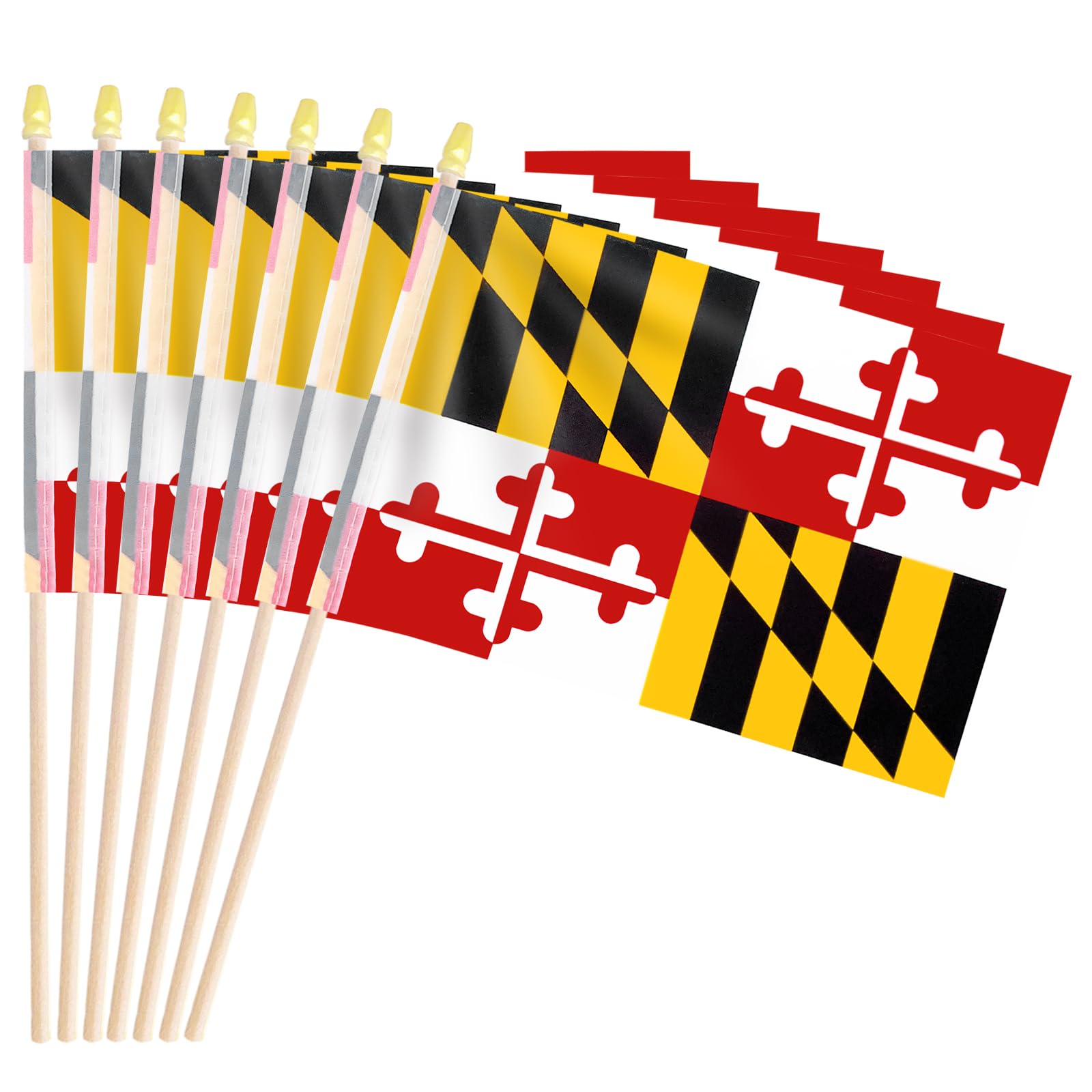 Geodurn Maryland flag on wood pole with spear top for ceremonies and displays.
