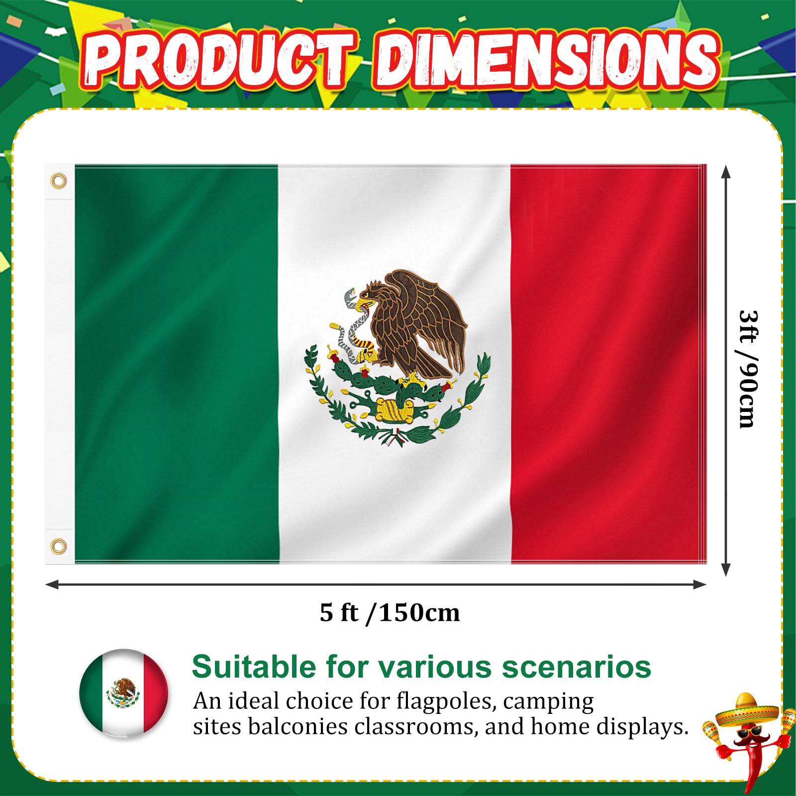 Geodurn flag with eagle, snake, and cactus embroidery for authentic detail.