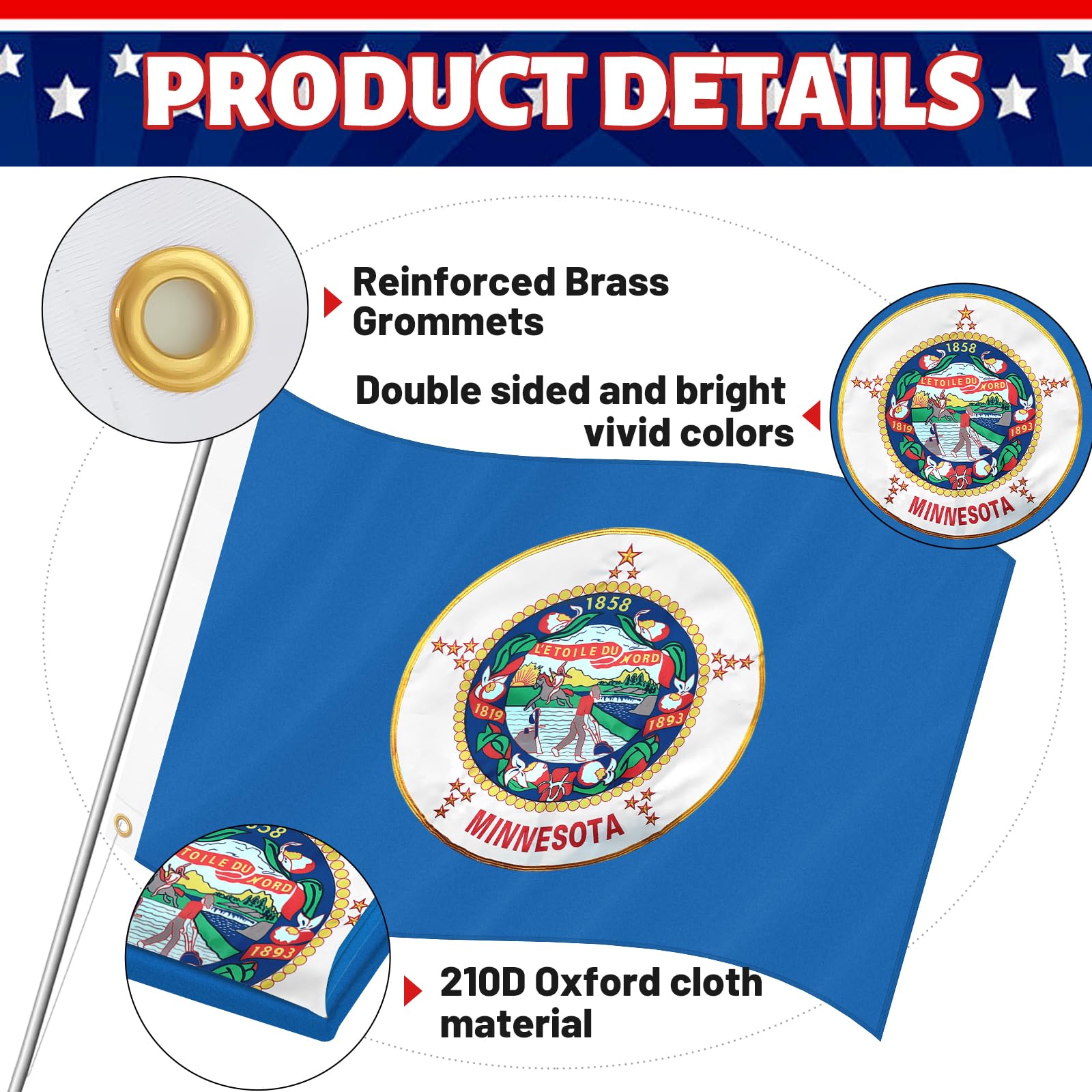 Geodurn Minnesota flag brass grommets enable secure outdoor hanging.