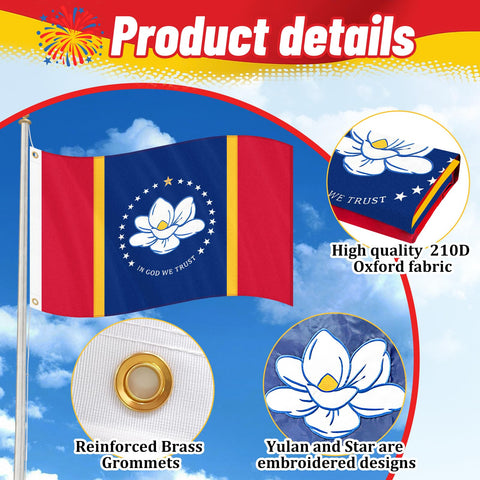 Geodurn Mississippi flag double-sided color for visibility from all angles.