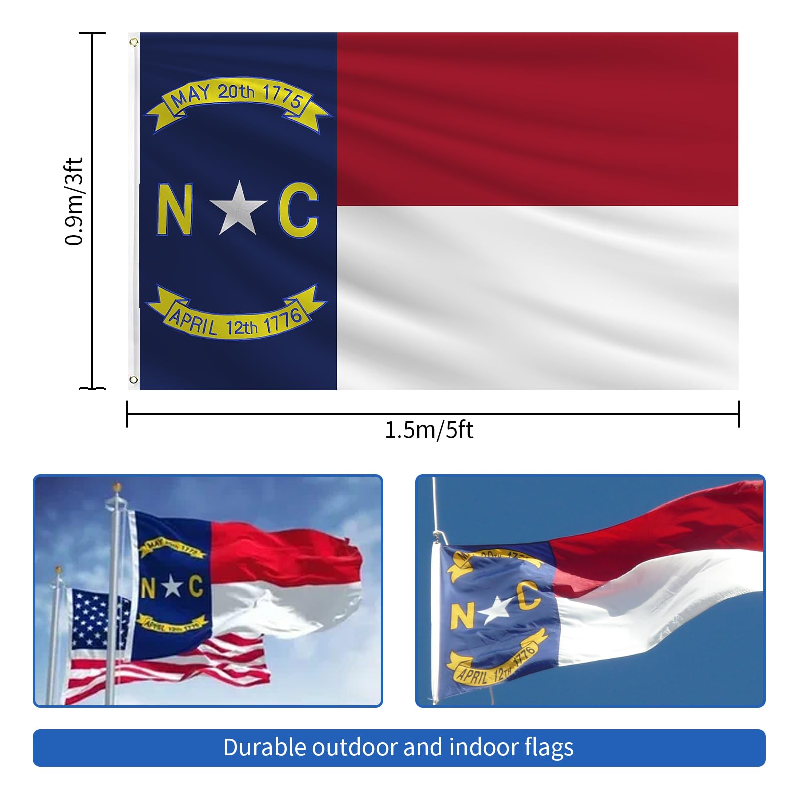 Geodurn NC flag close-up of embroidered star and dates for lasting symbolism.